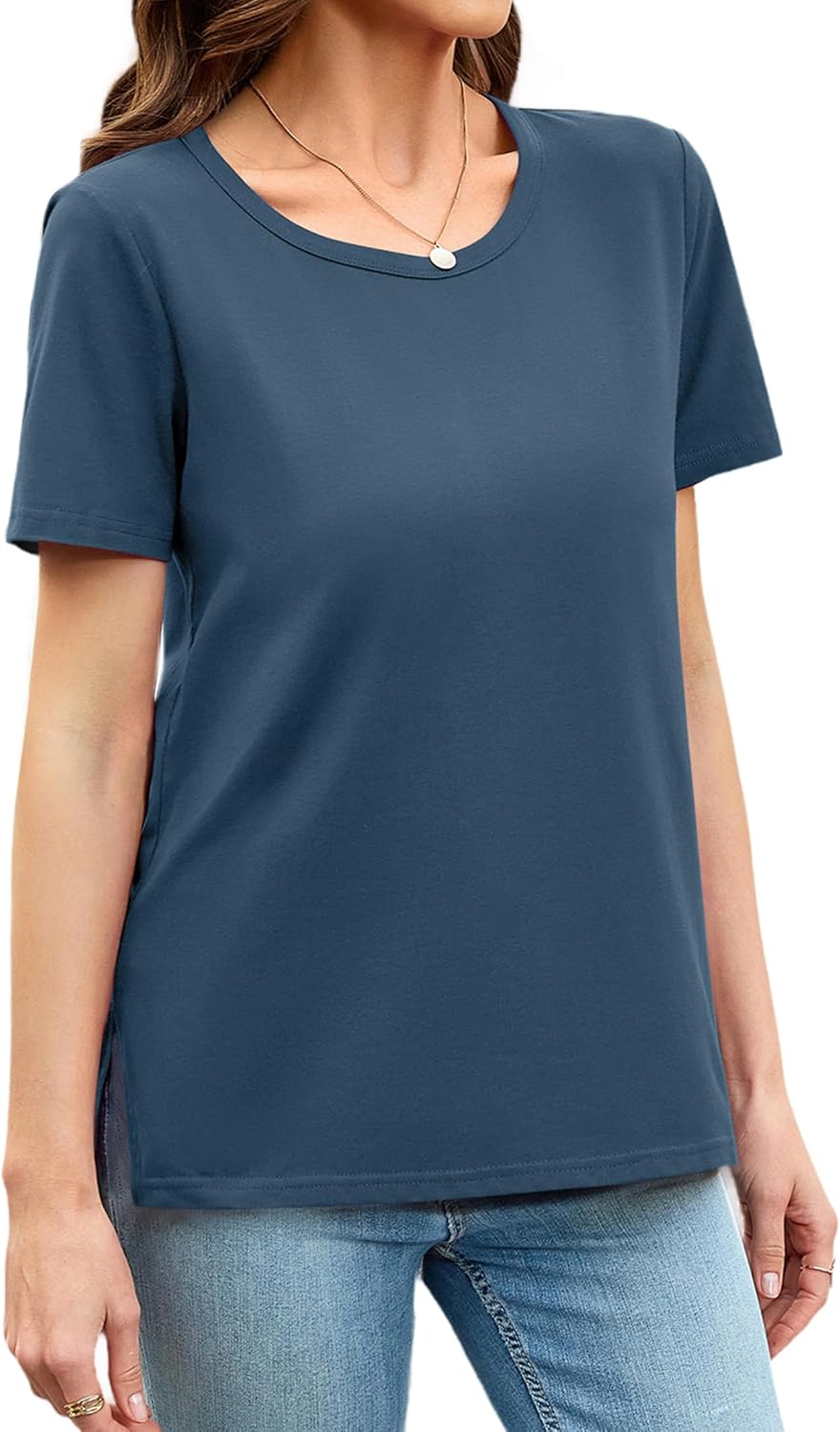 Herou Summer Women Casual Short Sleeve Tops T-Shirts Tees with Side Split