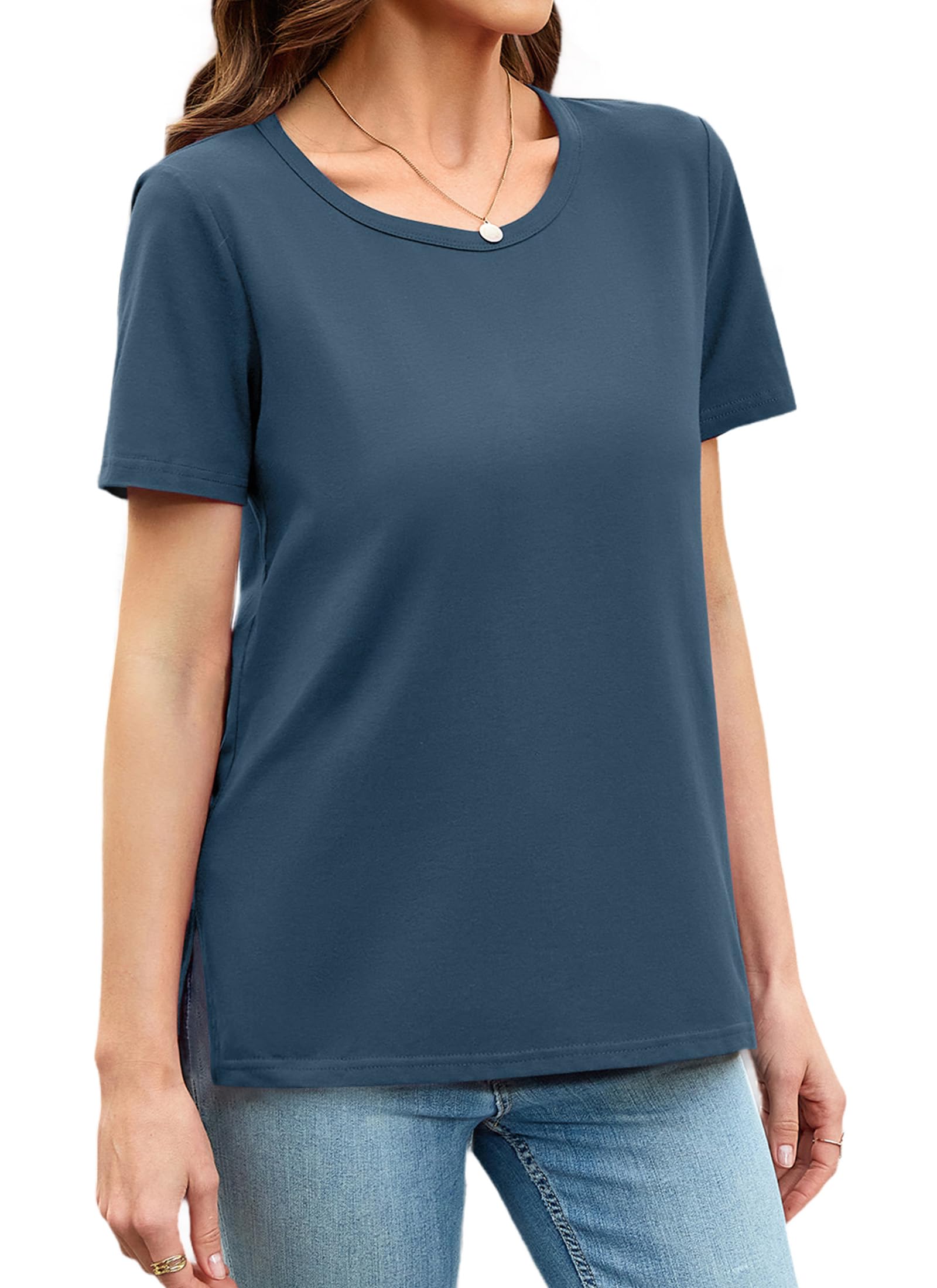 Herou Summer Women Casual Short Sleeve Tops T-Shirts Tees with Side Split