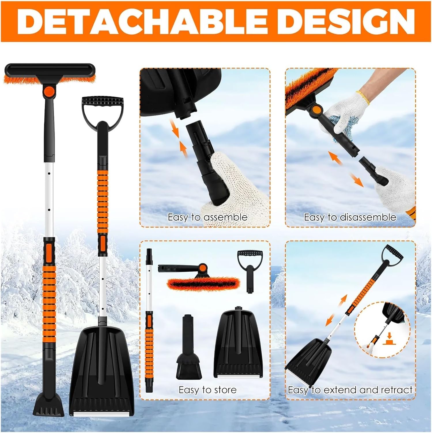 5 in 1 Retractable Snow Brush and Ice Scraper Car Windshield Snow Shovel with 180° Pivoting Brush Head Car Snow Cleaning
