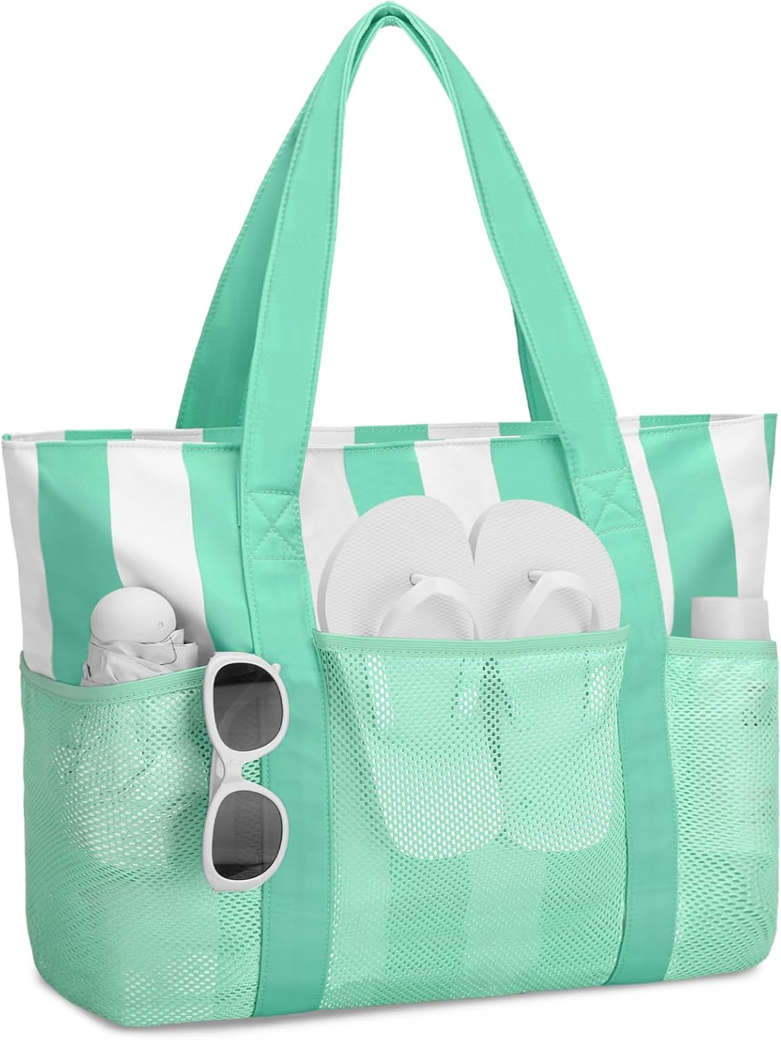 VASCHY Beach Bag for Women, Foldable Waterproof Sandproof Beach Tote with Zipper/Mesh Pockets for Vocation/Cruise/Gym/Travel