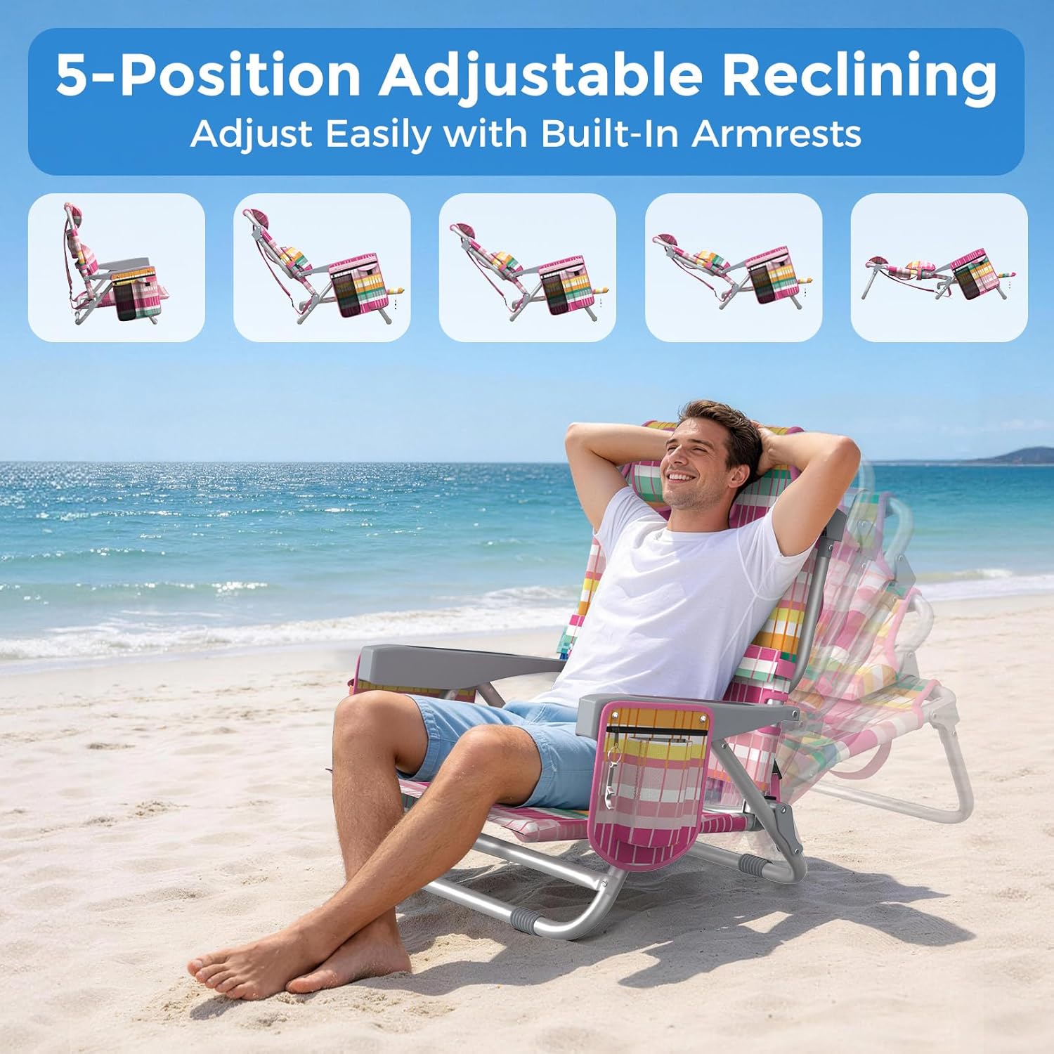 5-Position Backpack Beach Chair for Adults with Lumbar, Foldable Tall Heavy-Duty Beach Chairs with Cooler Bag,Cup Holder,Towel Rack for Beach, Camping, Outdoor (2, Rainbow Pink)