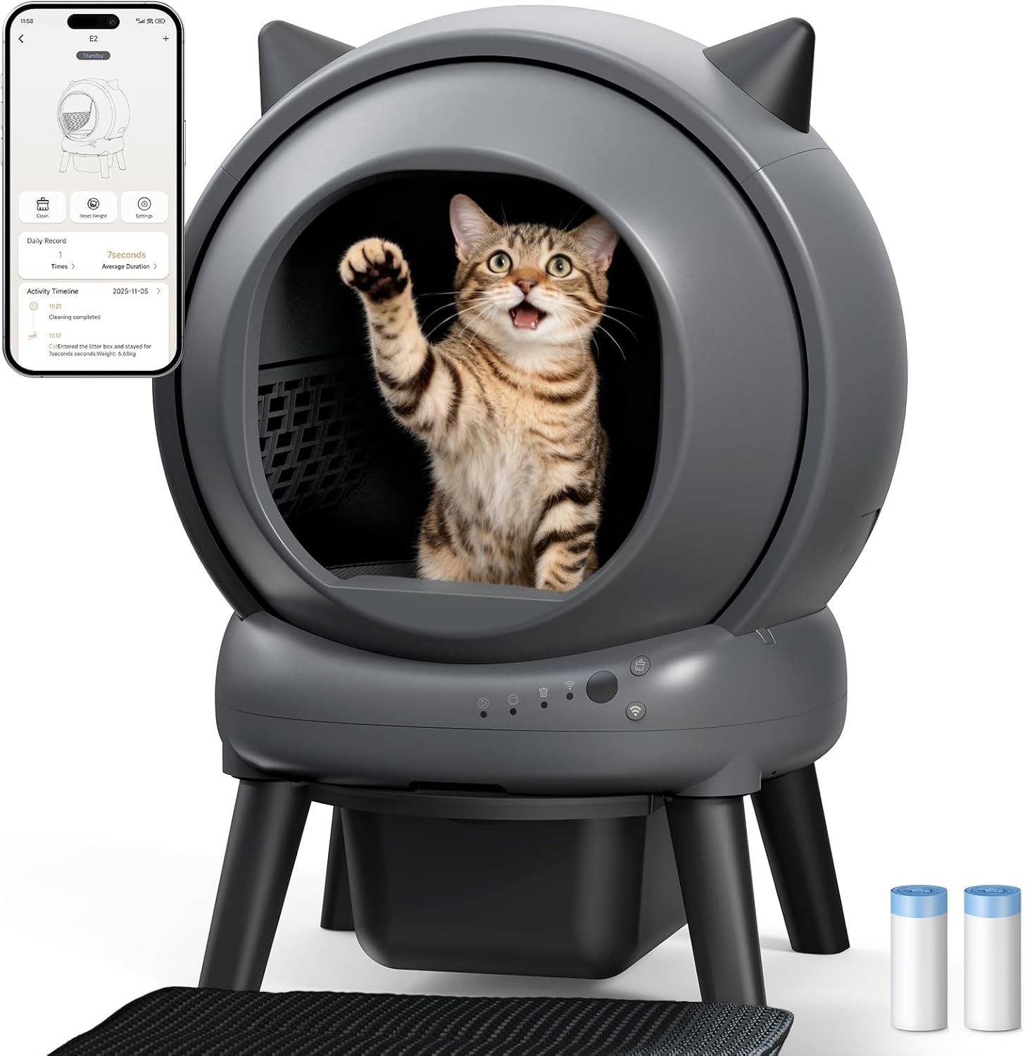 Self Cleaning Litter Box for Multiple Cats, E2 Automatic Cat Litter Box, Self-Cleaning Robot with Smart APP Control and Health Monitoring, Includes 2 Roll Trash Bag and Litter Mat, Grey