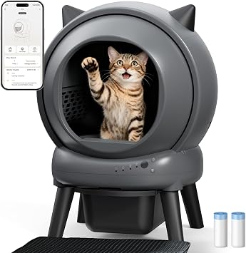 Self Cleaning Litter Box for Multiple Cats, E2 Automatic Cat Litter Box, Self-Cleaning Robot with Smart APP Control and Health Monitoring, Includes 2 Roll Trash Bag and Litter Mat, Grey