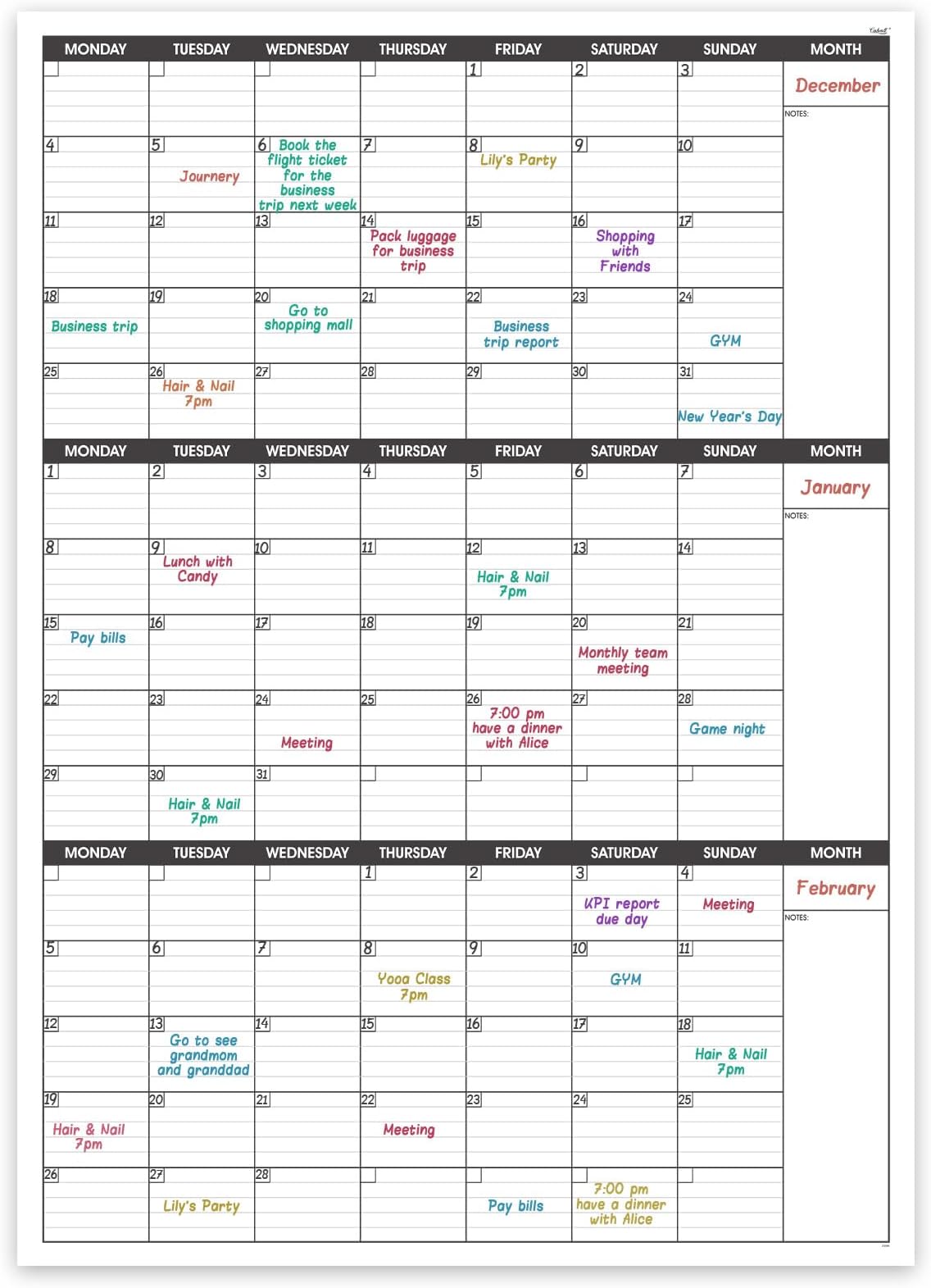 Large Wall Calendar Undated - Three Monthly Dry Erase Reusable Planner, Giant Laminated Poster, Goal & Task Organizer for Your Home,School Includes 4 Sticker Dots, 101 cm X 73 (GRLHBWRQKCGL)