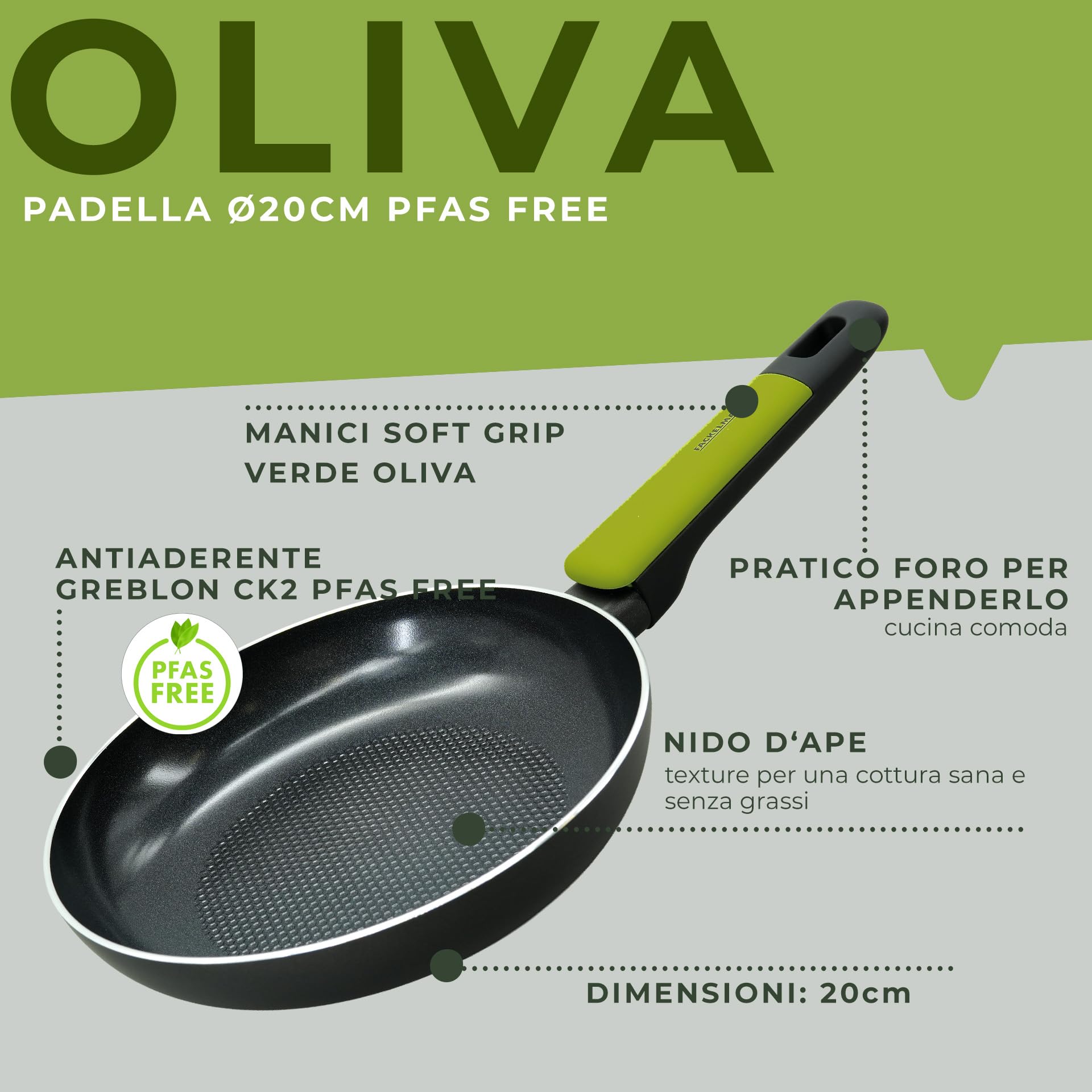 Fackelmann Padella Antiaderente Ø20 cm in Alluminio Riciclato PFAS FREE per una cottura sana, Padella per Induzione con Fondo Nido d’Ape, Manico Soft Touch, Linea Oliva