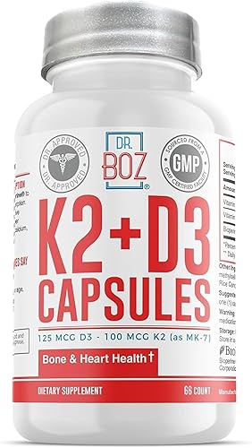 Dr. Boz - K2+D3 Capsules, 66 Servings - Vitamin D3 K2 Supplement with BioPerine - Bone & Heart Health - Enhanced Absorption - Quality Tested - Made