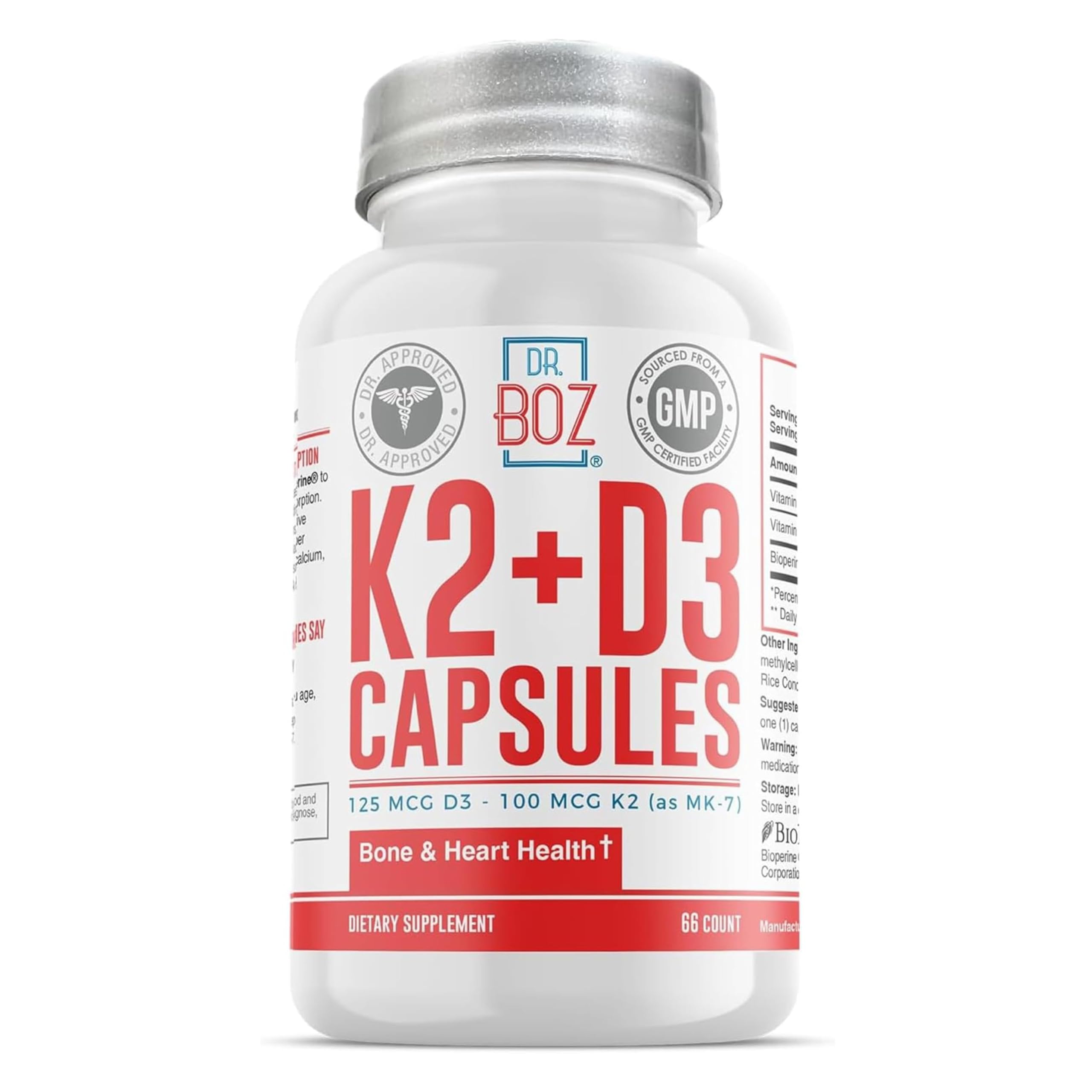 K2+D3 Capsules, 66 Servings - Vitamin D3 K2 Supplement with BioPerine - Bone & Heart Health - Enhanced Absorption - Quality Tested - Made in The USA - 5000iu (D3) - 400iu (K2) - Self Care