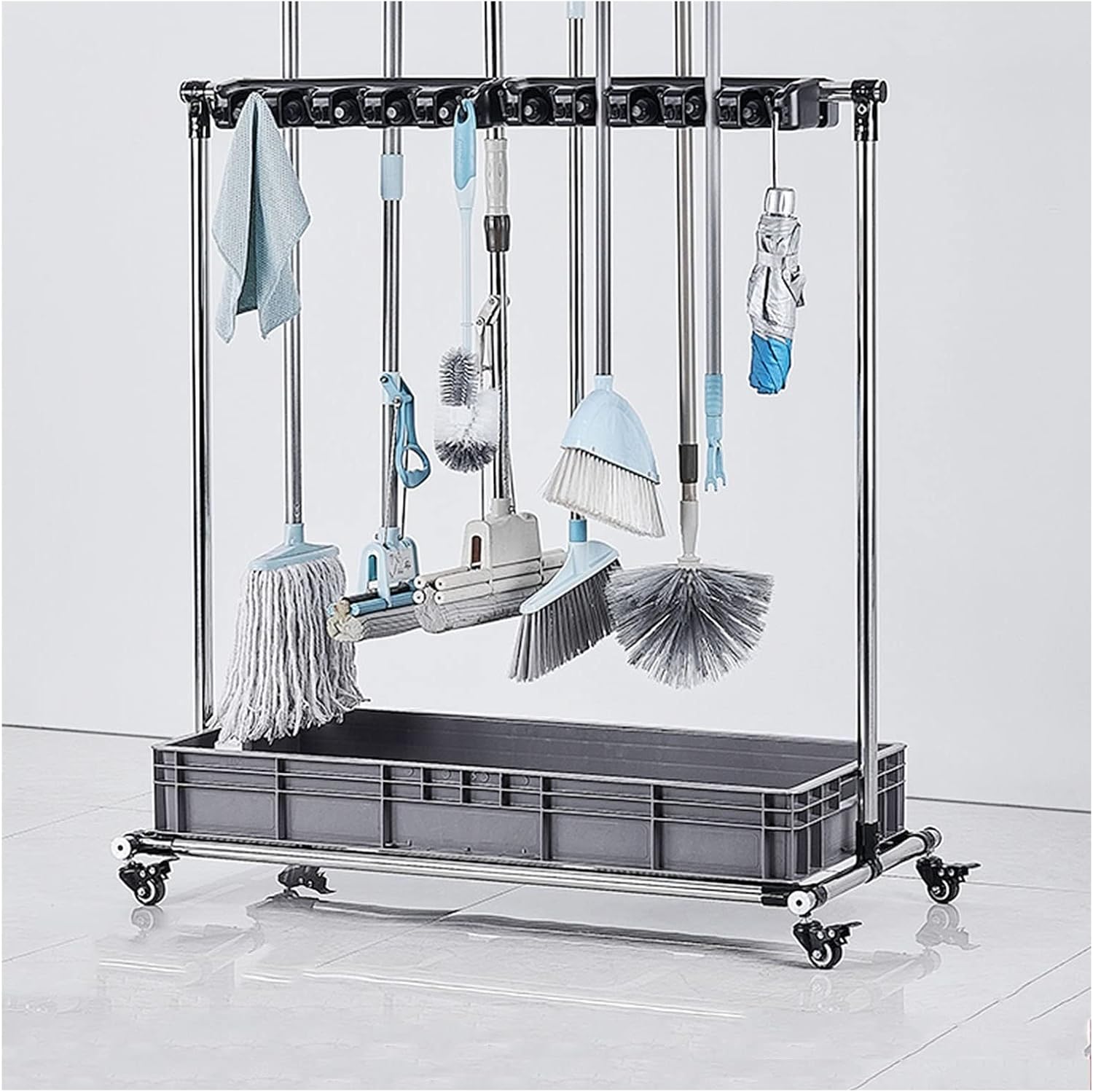 Floor Standing Cleaning Tool Cart,Mop Holder Broom Holder Stainless Steel Floor Standing Utility Cart with 10 Slots for Broom Mop and Cleaning Tools Mop Holder with sal Wheels for