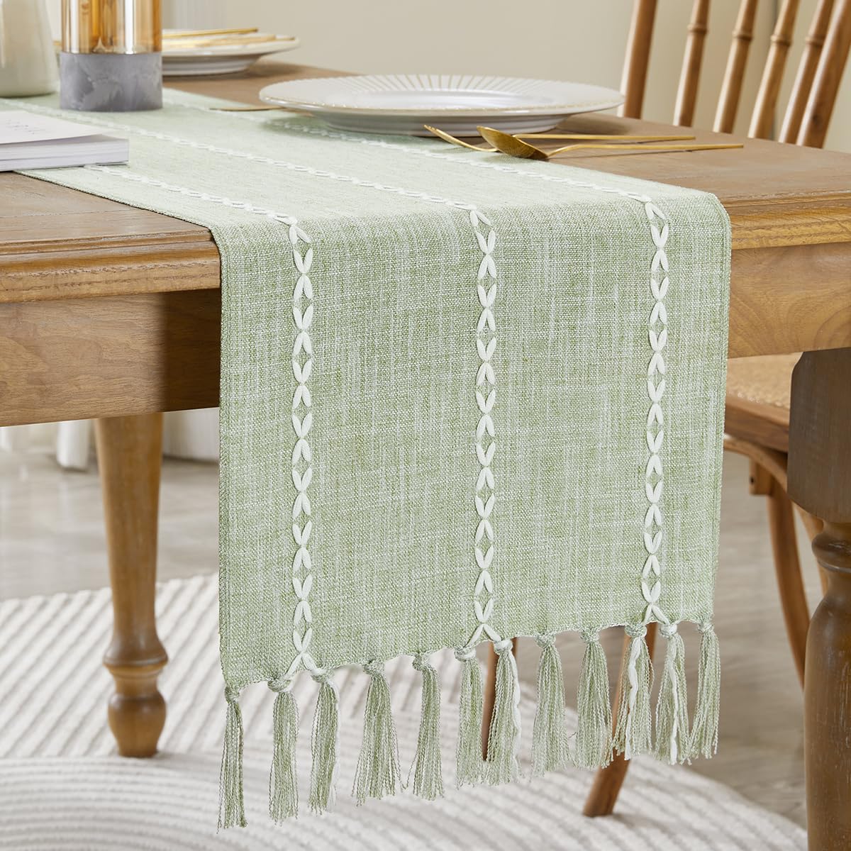 Wracra Cotton Linen Table Runner Farmhouse Style Desert Sage Table Runner 90cm with Hand-tassels for Party Dining Room Decorations Dessert Table Decor(Desert Sage
