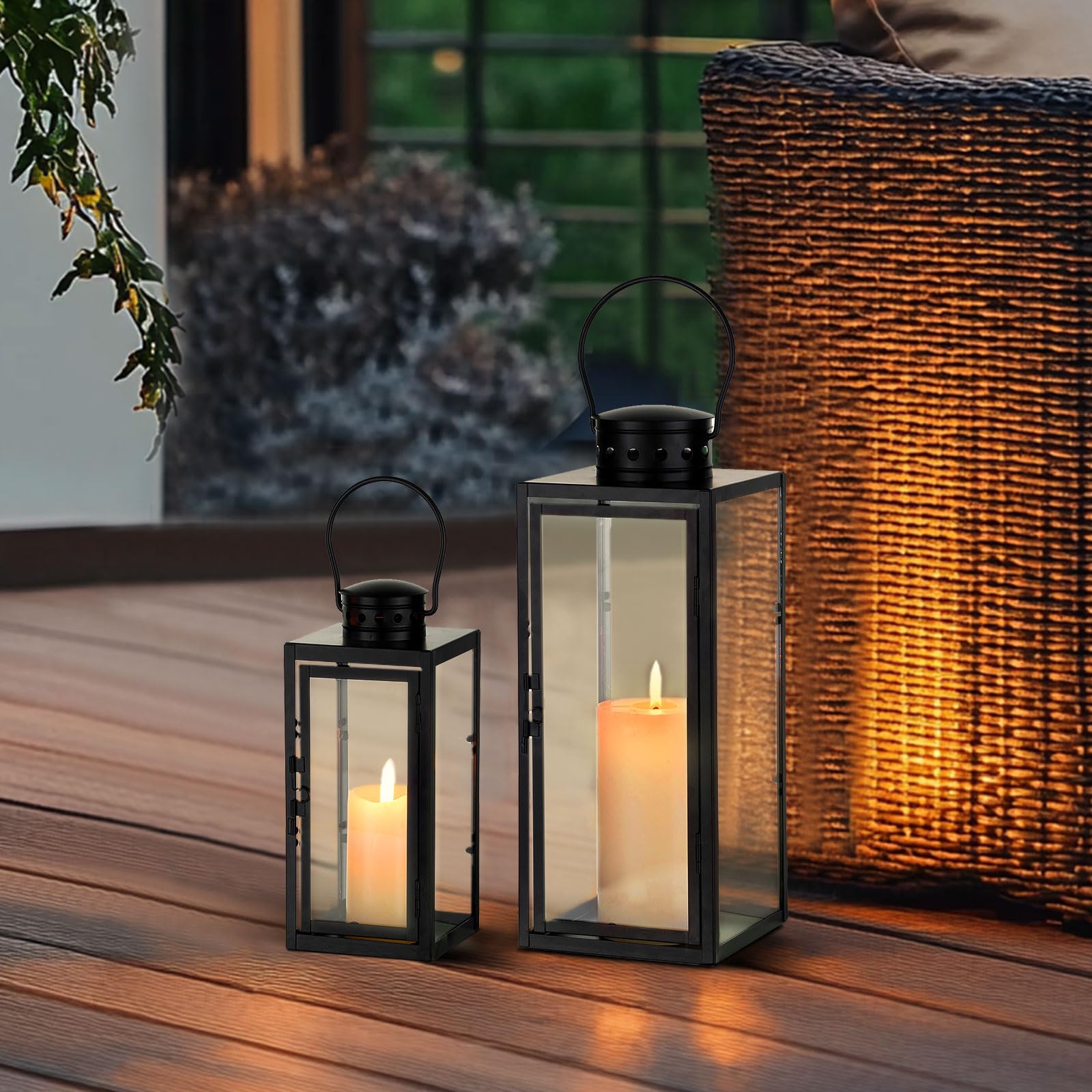 Lanterne per esterni, resistenti alle intemperie, in metallo | Set di 2 lanterne da 24/35 cm, per esterni, cimitero, balcone, giardino, decorazione moderna per soggiorno