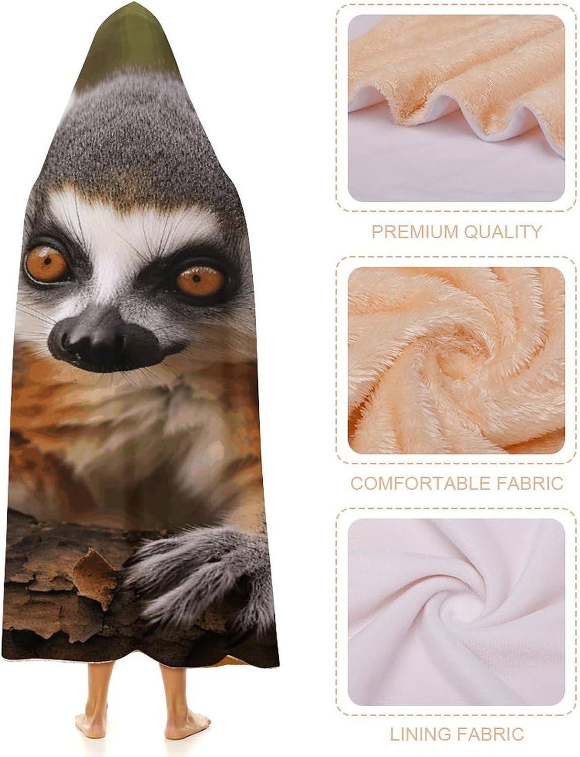 Monkey Lemur Cute Blanket Hoodie Wearable Blanket Cute Cloak Throw Poncho Flannel Warm Wrap Cape 50x60 in
