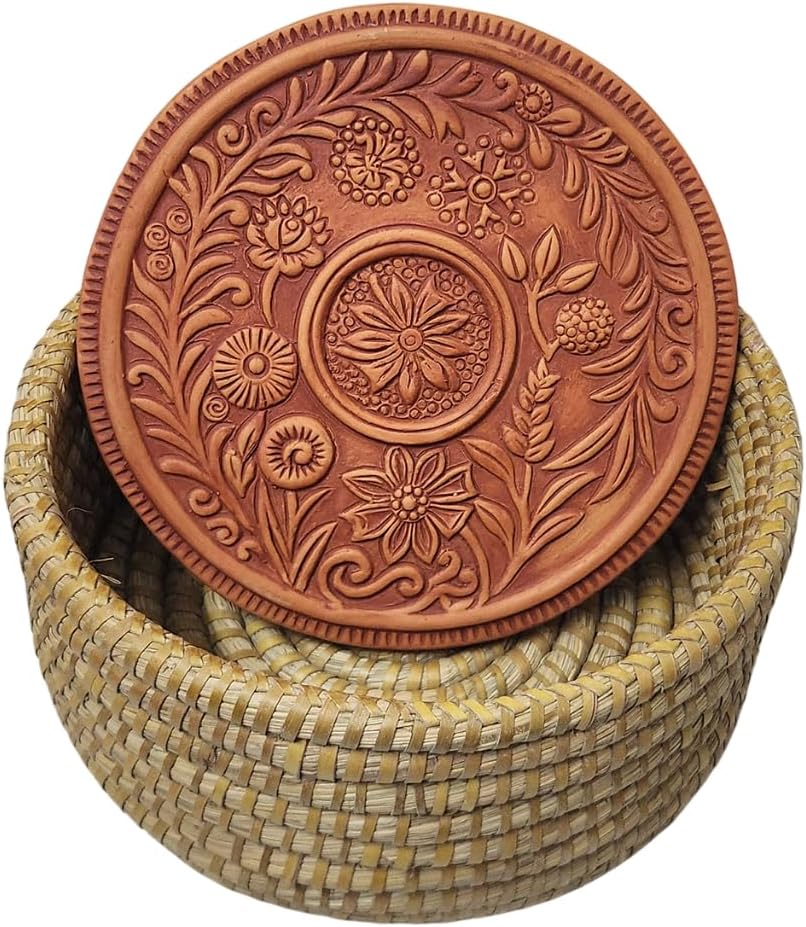 Bread Warmer Basket with Terracotta Stone – Handwoven Round Bread Basket for Sourdough, Croissants & Muffins – Natural Table Serving Basket, 12.5" x 12.5" x 3.5"