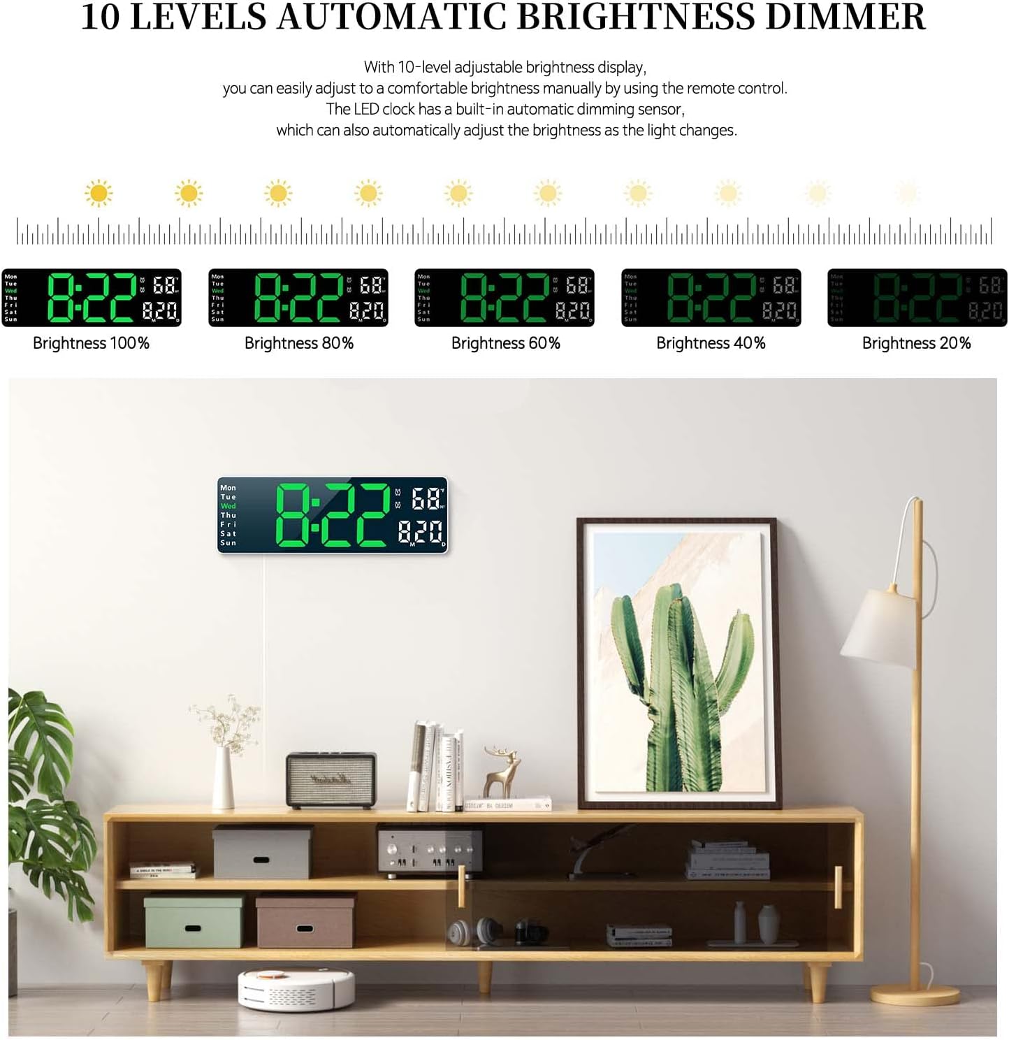 Abovsare Digital Clock showing different brightness levels from 100% to 20%