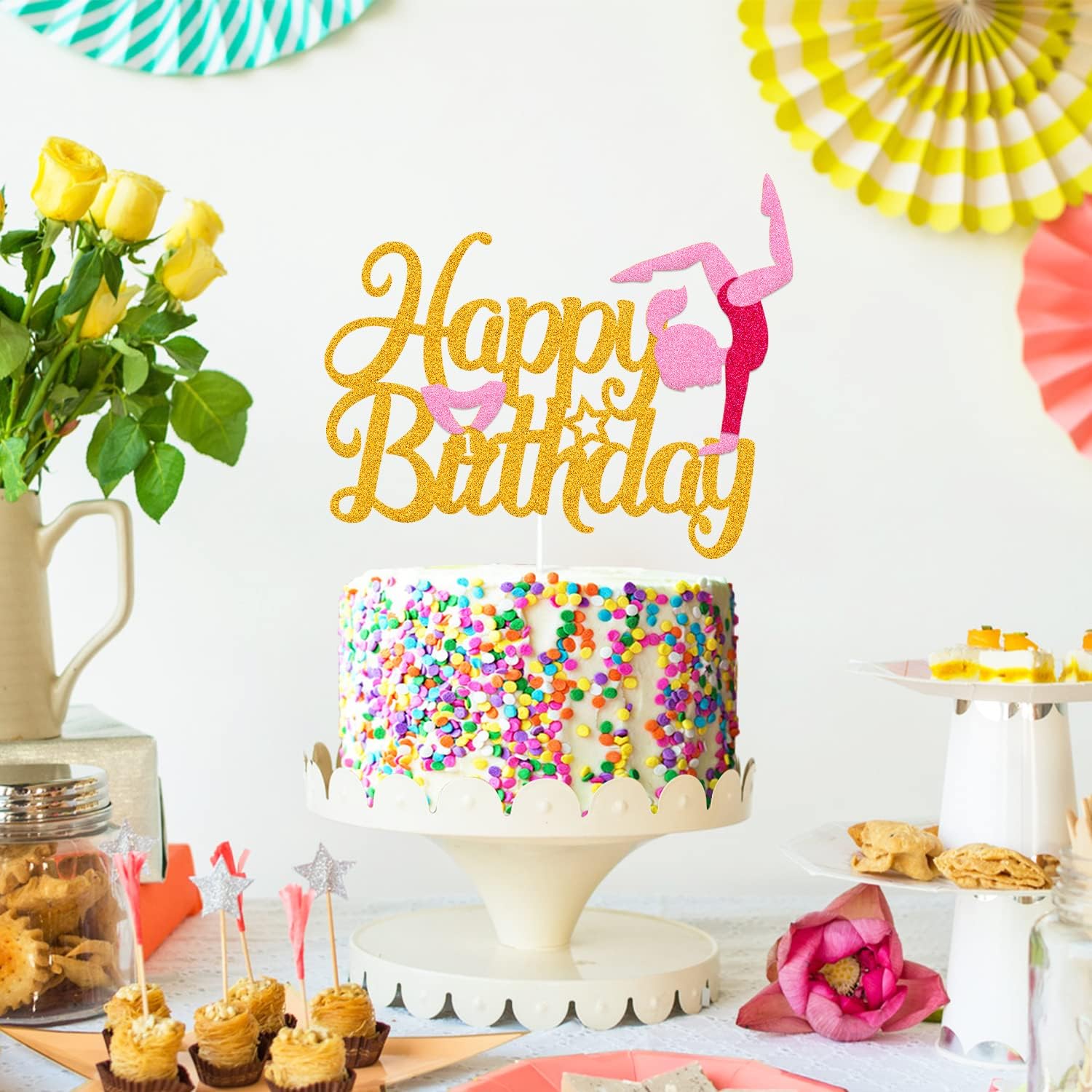 Gymnastics Cake Topper Girl Gymnast Cake Decoration Gymnastics Theme Happy Birthday Party Supplies Glitter Gold Cake Decor