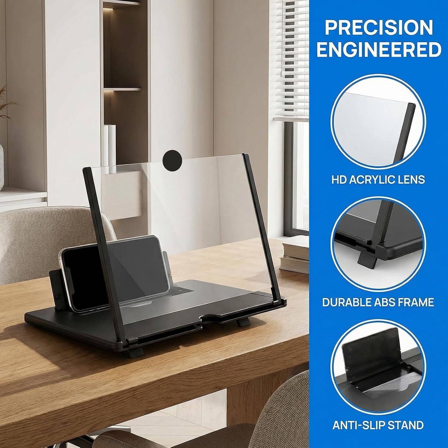 12" Phone Screen Magnifier for Cell Phone, Foldable 3D HD Acrylic Screen Amplifier, Portable Smartphone Screen Enlarger Stand for Movies & Gaming, Universal Phone Stand for All Smartphones (Black)