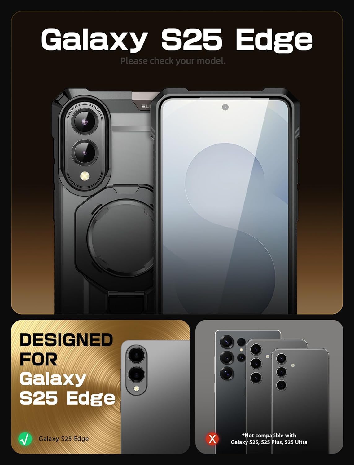 SUPCASE for Samsung Galaxy S25 Edge Case with Stand (Unicorn Beetle Grip), [Compatible with MagSafe] [Military-Grade Protection] Heavy Duty Magnetic Phone Case for Galaxy S25 Edge 6.7", Black - Image 2