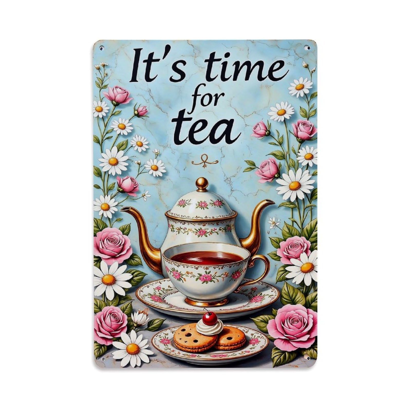 Nestemfo Vintage Floral Pattern On Tea Set Tin Sign Metal Sign, Living Room,Bar, Home, Bedroom Wall Decor,Retro Metal Poster 8X12 Inches