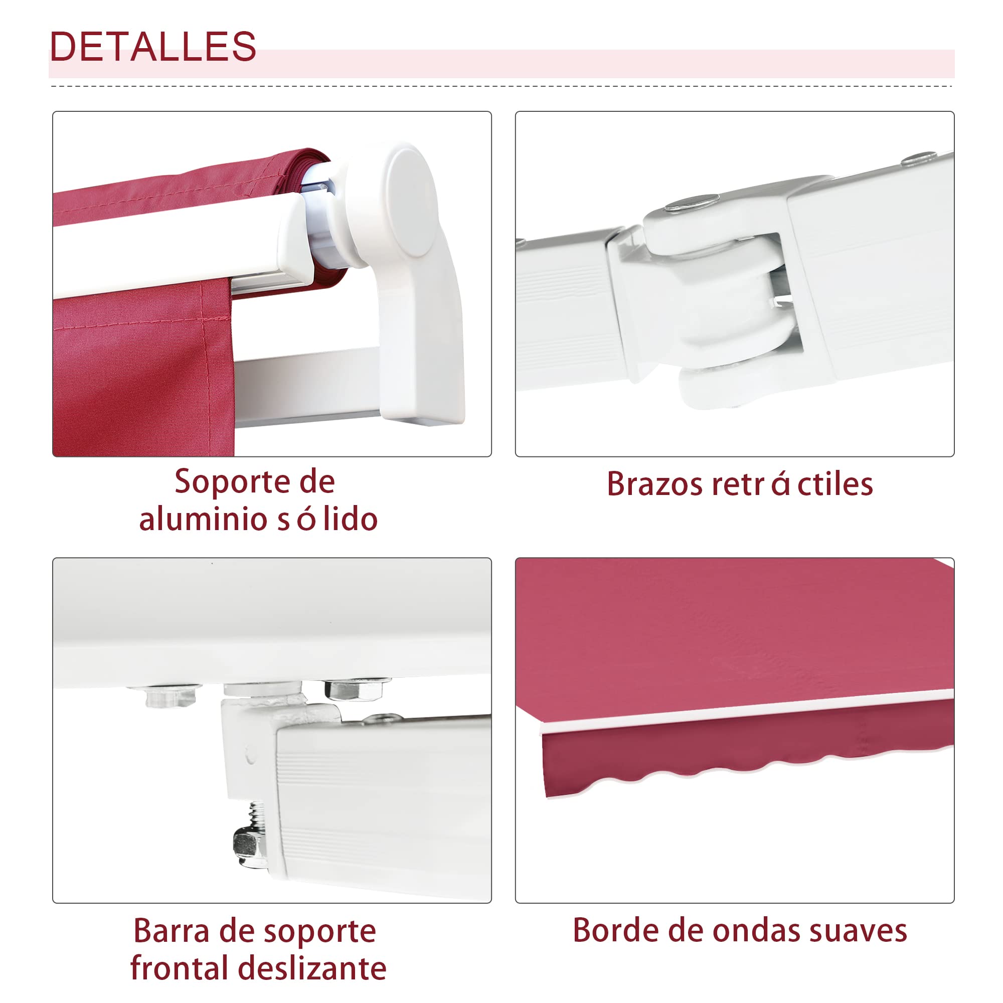 Outsunny Toldo Manual Retráctil 4x2,5 m Ángulo Ajustable Rojo | Toldo Exterior Terraza, Brazo Articulado, Estructura de Aluminio, Anti-UV e Impermeable, para Jardín