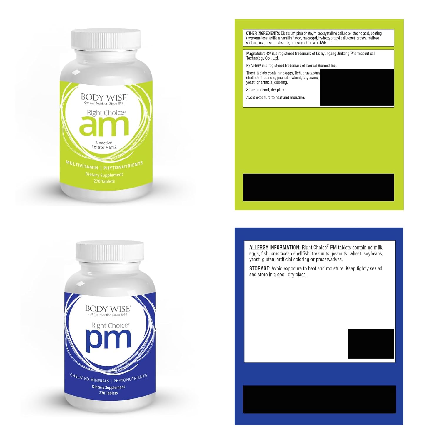 Bodywise Multi-Vitamin Mineral Daily Nutrition Supplement Right Choice AM Supports Energy and Alertness Right Choice PM Formula Supports