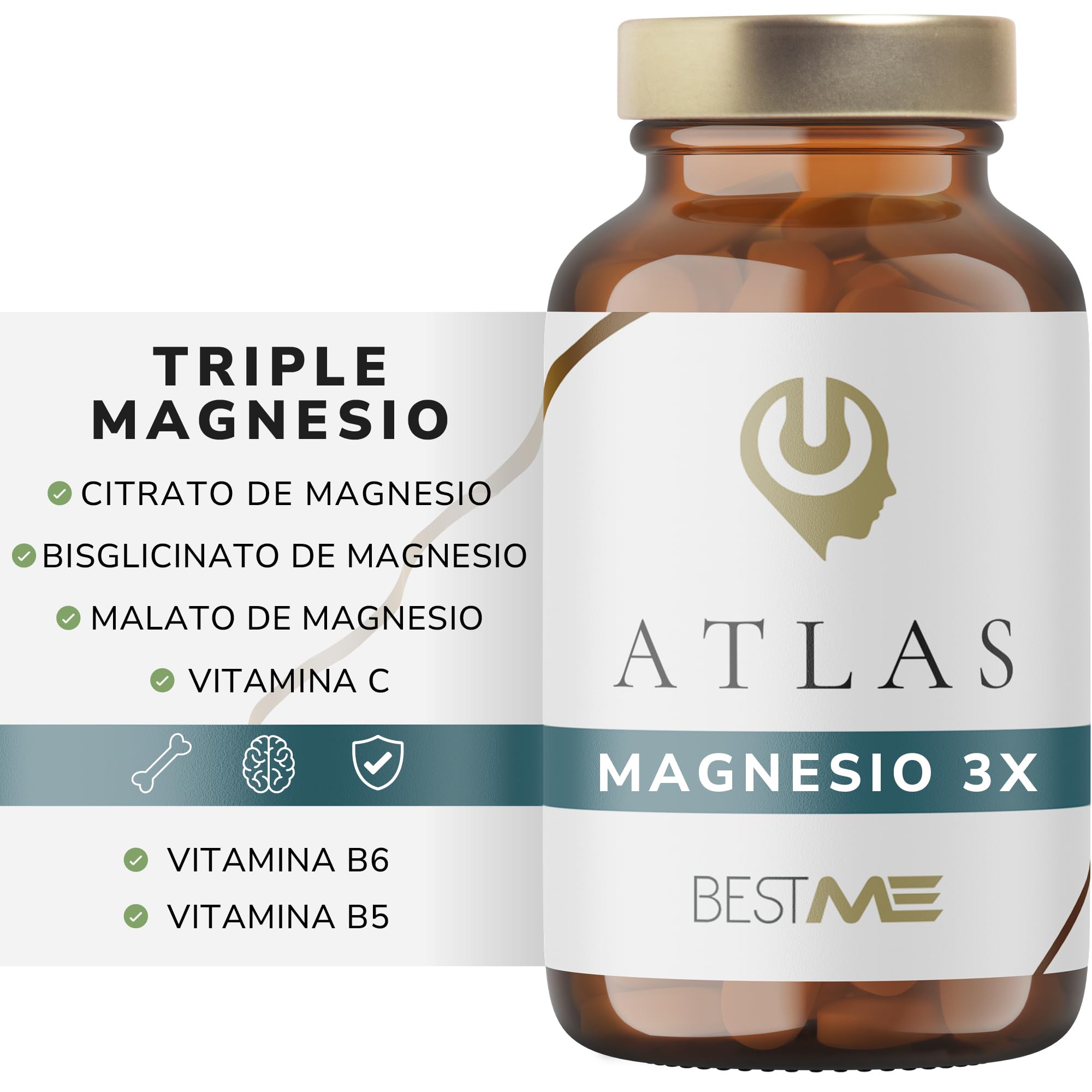 BESTME - Magnesio Complex 3X Citrato, Bisglicinato y Malato 988 mg | 60 Cápsulas con Vitaminas C/B6/B5 | Ayuda a Disminuir el Cansancio y Apoya a Músculos y Huesos (Atlas)