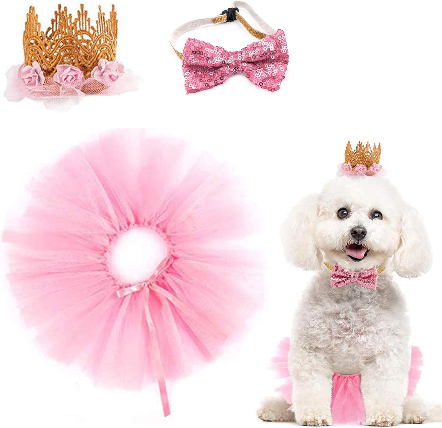 Dog Birthday Outfit Pink Puppy Tutu Crown Hat Bow tie Puppy Birthday Party Supplies Dog Wedding Dress Girl for Small Dogs