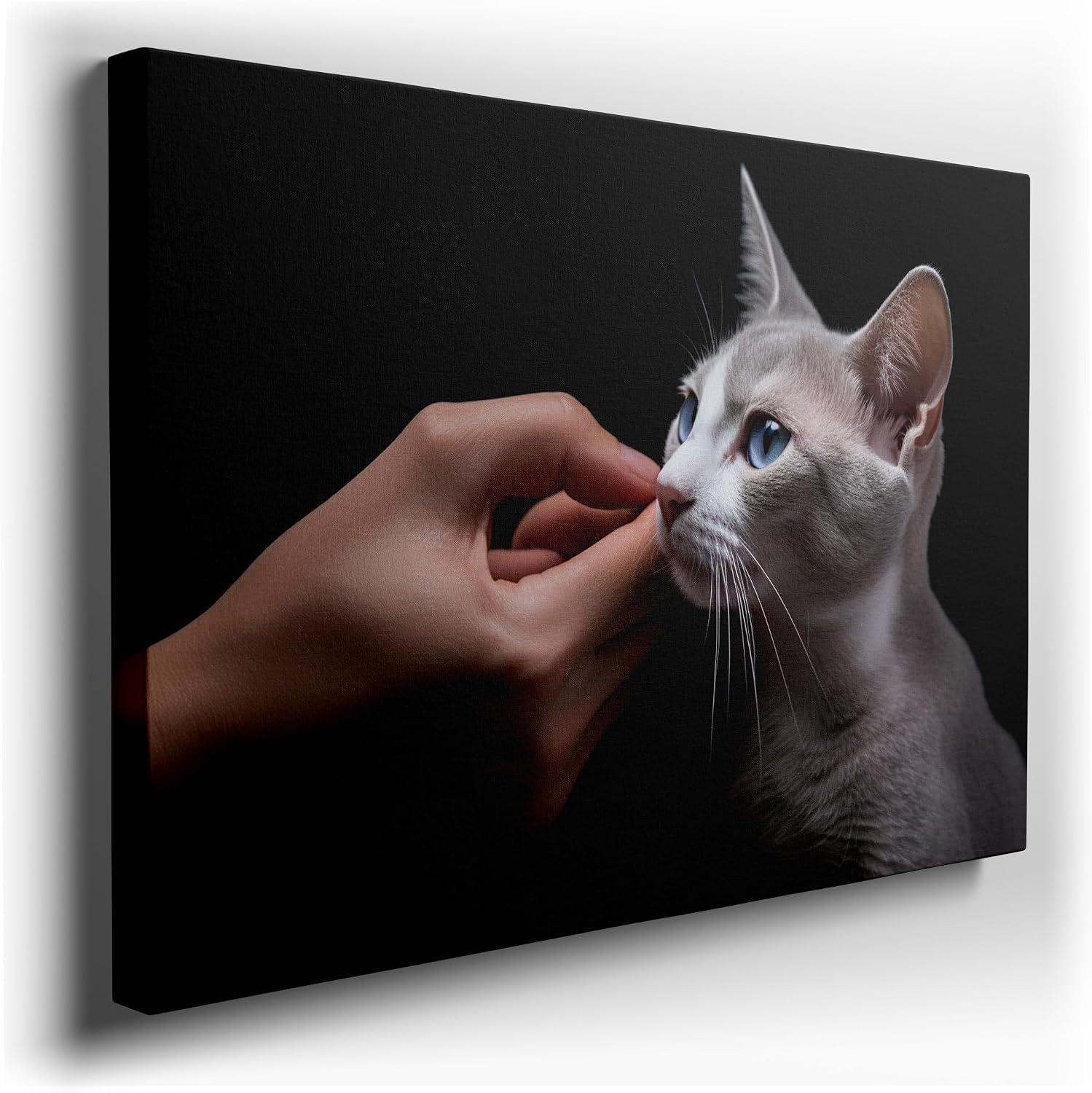 Canvas for Living room. Whiskers and Caress: A Serene Encounter in Monochrome, 27 x 18 inch Canvas Wall Art - Simplicity Embodied - Retro Home Decor