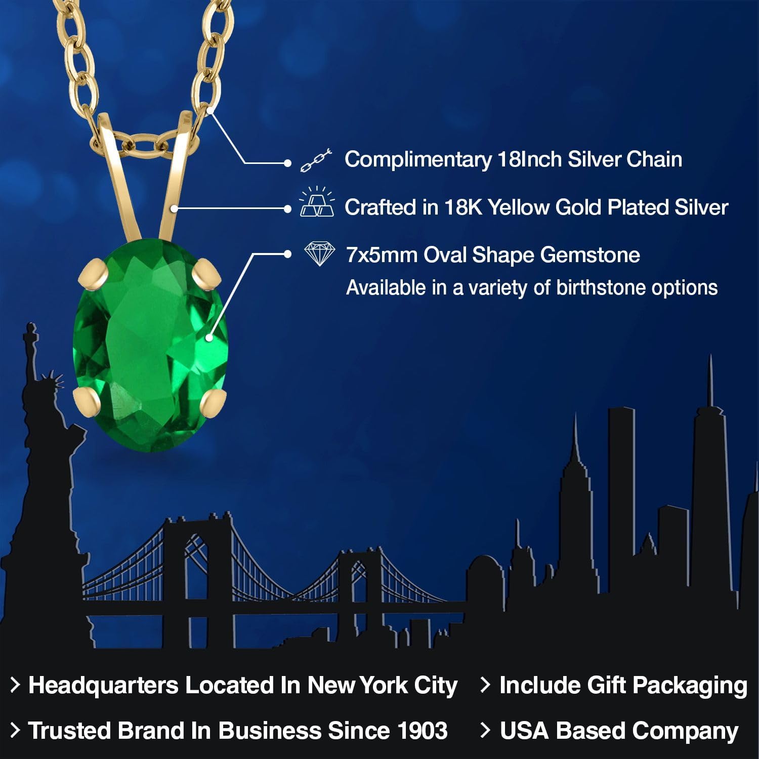 Gem Stone King 18K Yellow Gold Plated Silver Gemstone Birthstone Pendant Necklace for Women | Oval Shape | With 18 Inch Chain