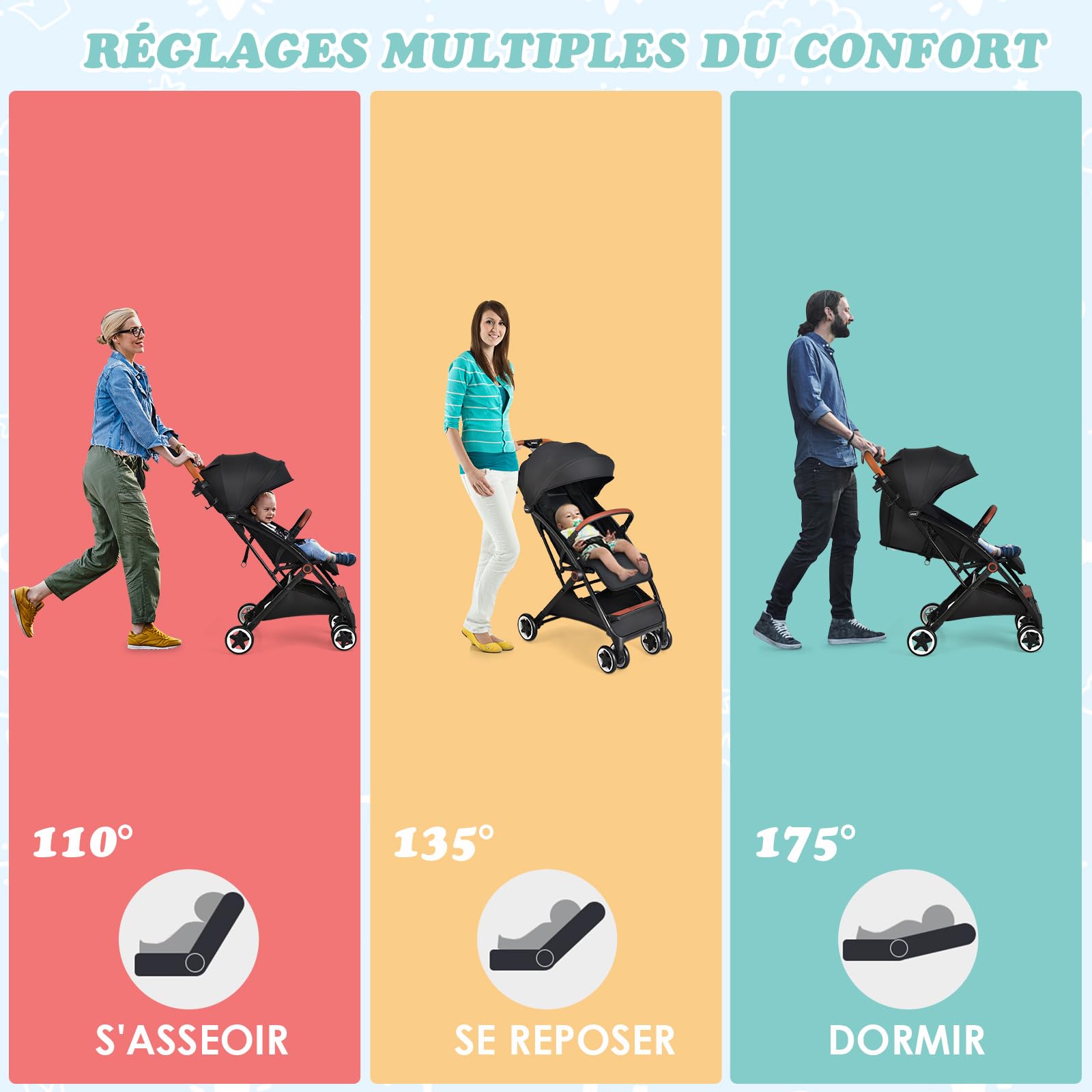 COSTWAY Poussette Canne Bébé 0-3 Ans(Charge 15 kg) avec Dossier & Auvent Réglables, Poussette Compact et Légère avec Moustiquaire & Roues avec Frein, Pliable à une Main, Rangement Inférieur(Noir)