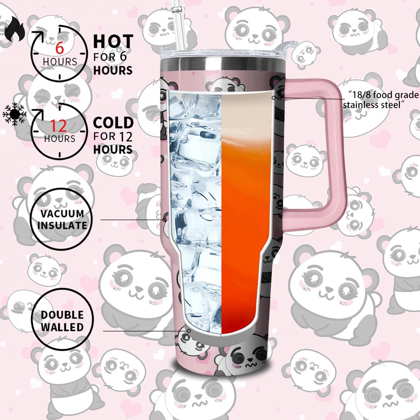 40oz Cute Panda Tumbler with Handle and Straw, Stainless Steel Insulated Cup with Lid and Straw, Travel Coffee Mug Water Bottle, Birthday Mothers Day Gifts for Women Men Animal Lovers - Image 3