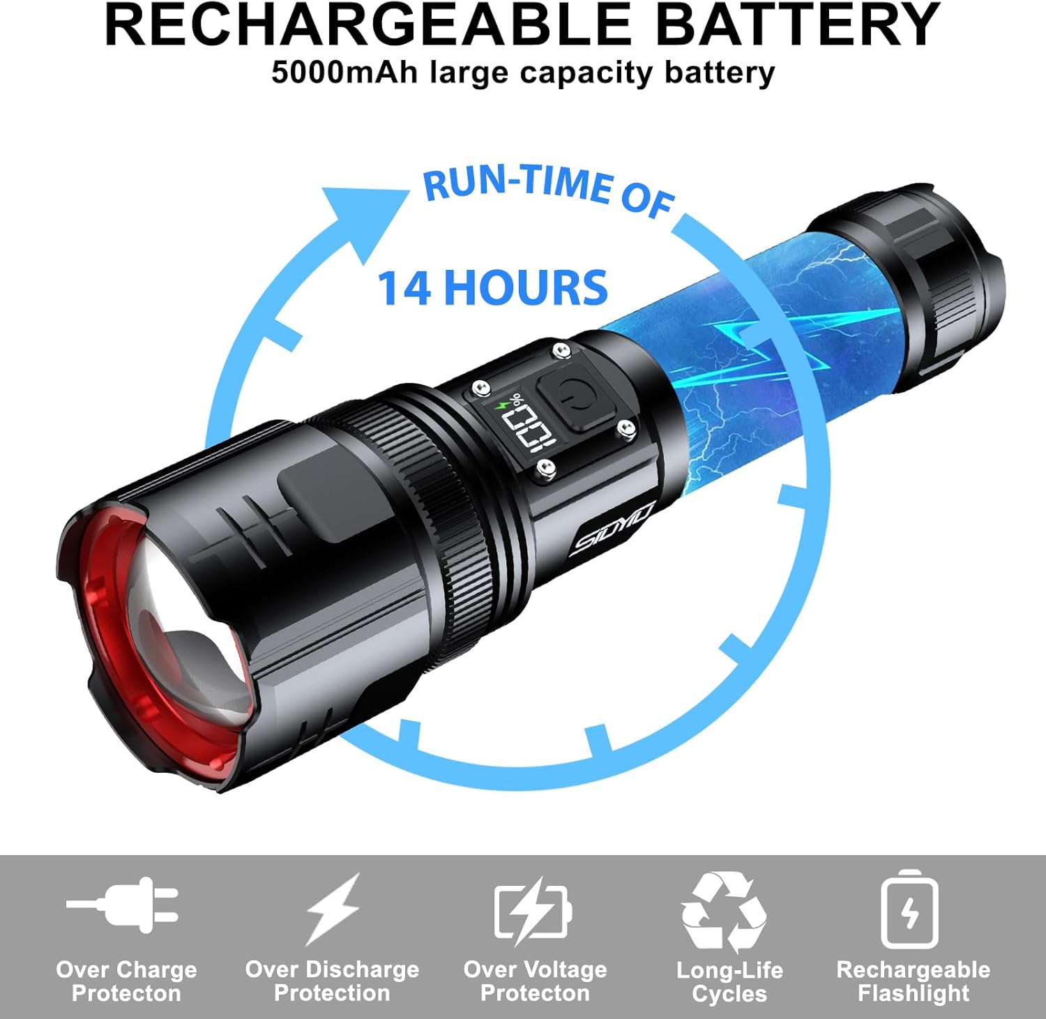 Flashlights High Lumens, USB Rechargeable Flashlight with LCD Digital Power Display, Zoomable LED Super Bright Flash Light, 4 Mode, IPX5 Waterproof for Camping, Emergencies and Outdoor