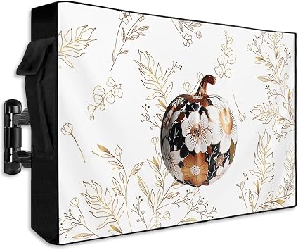 Outdoor TV Cover Autumn Floral Pumpkin Gold Leaves Weatherproof Waterproof Outside TV Protector with Zipper,Thanksgiving Botanical Smart Television Screen Cover for 30 to 32Inch Screens