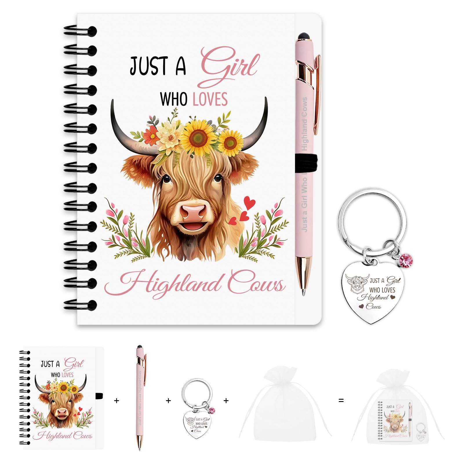 Kideerly Highland Cow Gifts for Women, Includes A5 Notebook, Cute Keychain & Pink Ballpoint Pen, Stationery Gifts for Women, Birthday Present for Teachers Friends Christmas Graduation Gift