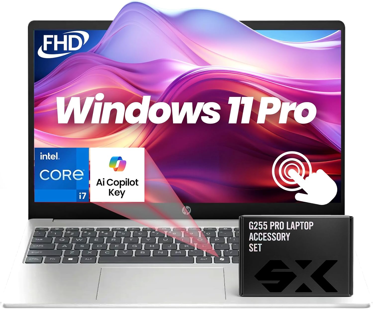 HP 15.6" FHD Touchscreen Business Laptop - Intel i7-1355U(10 Cores), Iris Xe Graphics, 32GB RAM, 2TB SSD, Lifetime Win 11 Pro, Wi-Fi 6, Bluetooth, Numeric Keyboard - w/Accessories (Natural Silver)