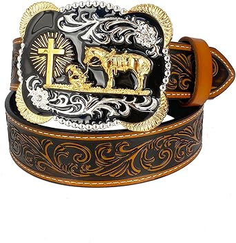 TOPACC Cowboy Belts for Men Big Buckle Religious Cross Leather Western Belt Women Cowgirl Rodeo Belt for Jeans Pants