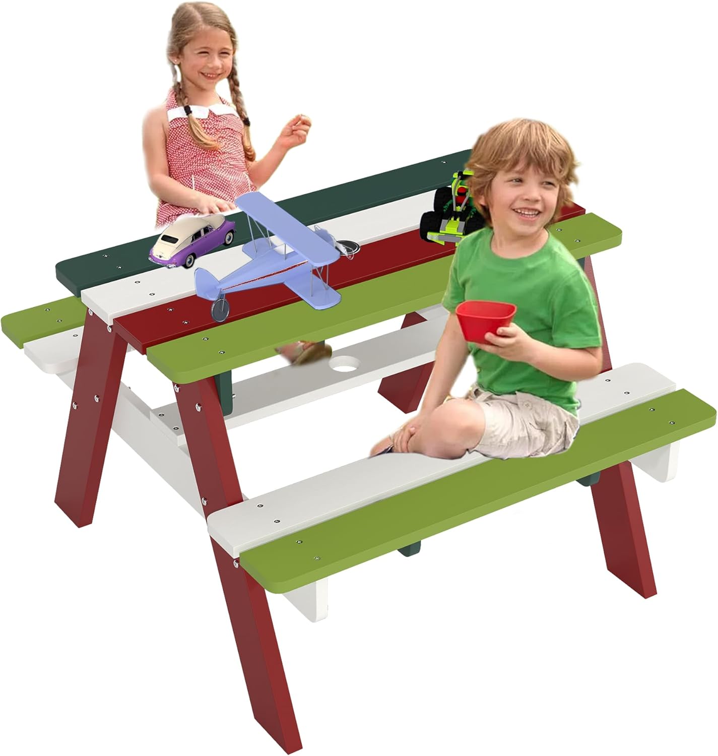 FOOWIN Kids Picnic Table, HDPE All Weather Toddler Picnic Table, Kids Outdoor Table and Chair Set w/Umbrella Hole for Patio, Backyard, Garden, Lawn, Blue