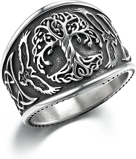Stainless Steel Viking Rings for Men, Odins Two Ravens Perched on the Tree of Life, Unique Norse Raven Celtic Knot Ring, Vintage Amulet Jewelry Gift for Unisex - Silver