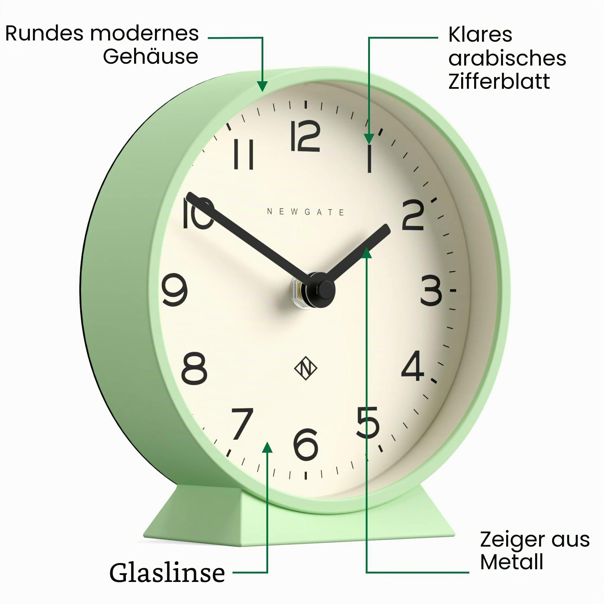 NEWGATE® M Mantel Echo Schreibtischuhr | Modernes runddesign | Neo-mintgrün | Leicht lesbare Zahlen | Zeitgenössischer Stil für Schreibtisch, Tisch, Regal oder nachttisch