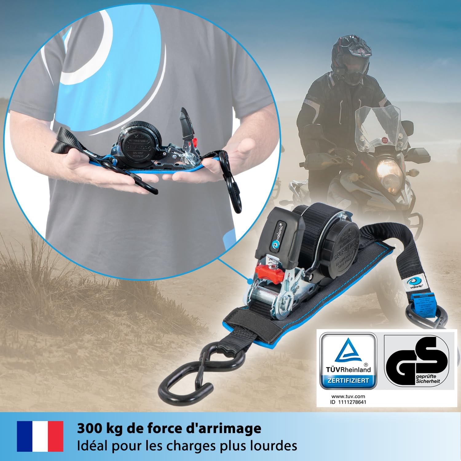 valonic Panda - 2X 5m Sangle d'arrimage Automatique avec Mousqueton Crochet, 25mm, 300/600 Kg, rembourrée, Certifié TÜV Rheinl. / GS, en 12195-2 - avec cliquet, Noir