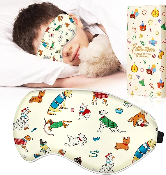 Miss Adola Sleep Mask for Kids - Silk Eye Mask for Sleeping Cute Cartoon Kids Sleep Mask for Boys Girls Teens Soft Smooth Adjustable Straps Silk Kids Eye Cover, Cartoon Puppy