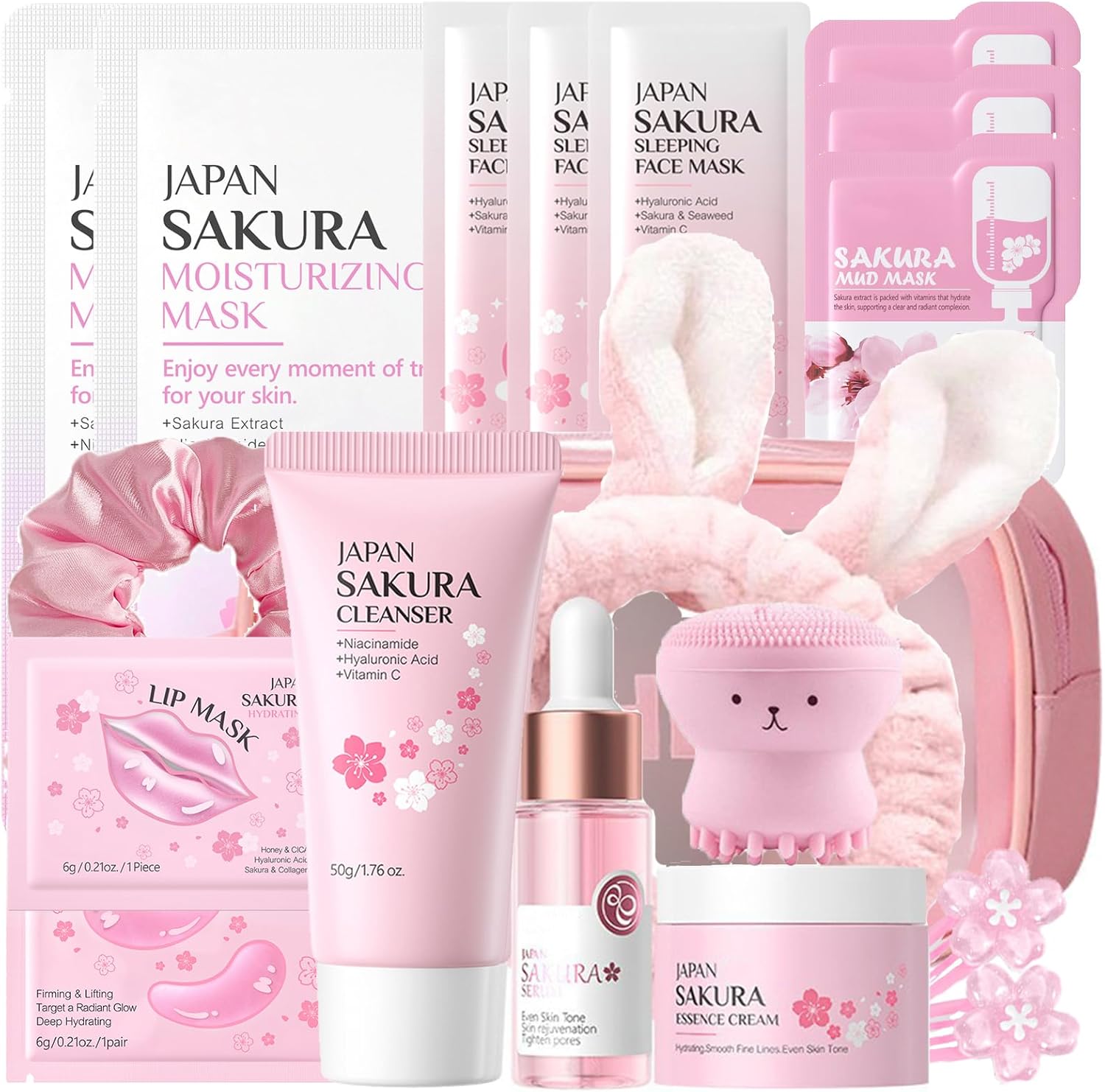 Skin Care for Teenage Girls, Sakura Facial Skin Care Sets & Kits, Complete Gifts for Women with Cleanser, Serum, Sleeping Mask, Mud Mask, Eye Mask, Face Cream, Brush, Headband, Hair Clip&Tie, 19PCS