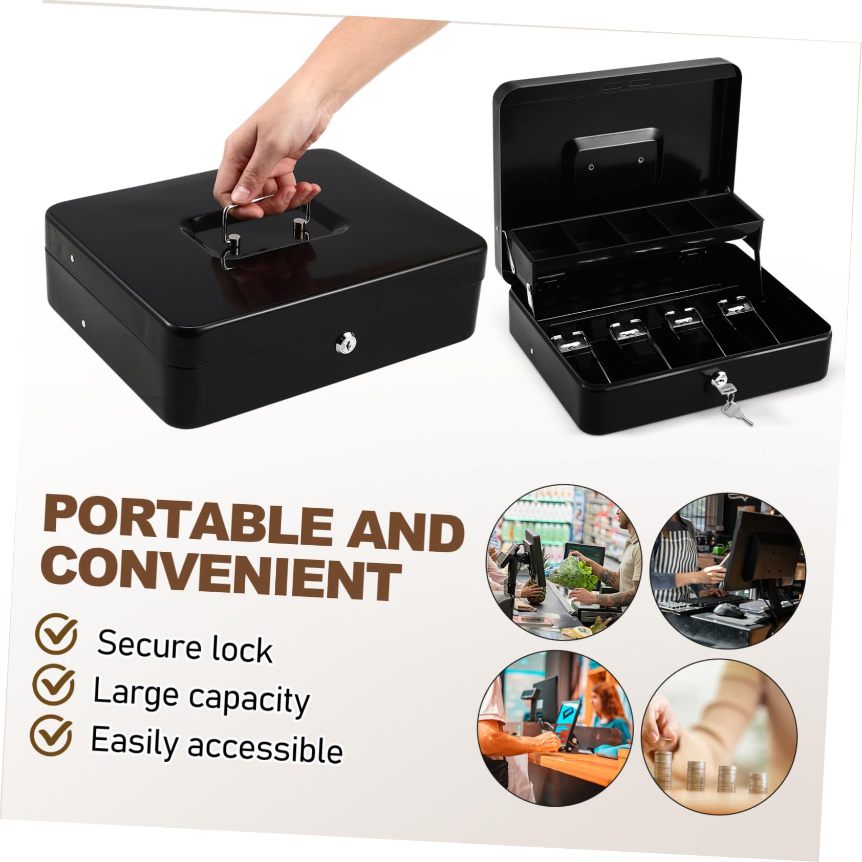 Caja Registradora con Llave y Bandeja para Monedas y Billetes, de Hierro Resistente, Portátil, con Gran Capacidad para Uso Doméstico y Comercial