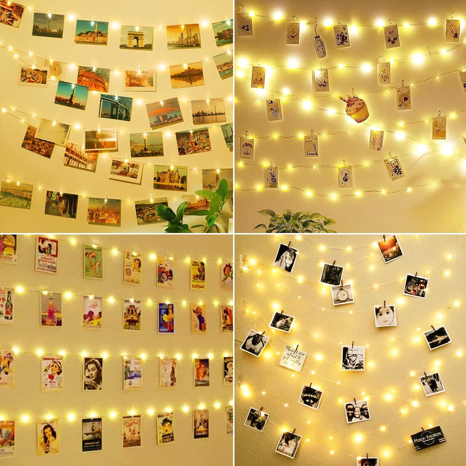 Guirlande Photo 30 Cadres + Pinces + Lumières LED - Pour Mur, Décoration Anniversaire, Mariage - 10x15 Cm