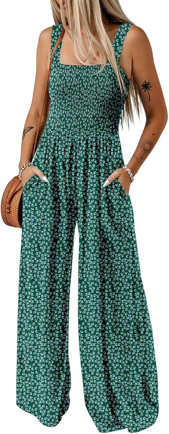 Happy Sailed Jumpsuits for Women Summer Casual Floral Print Sleeveless Jumpsuit High Waist Wide Leg Pant Rompers with Pockets