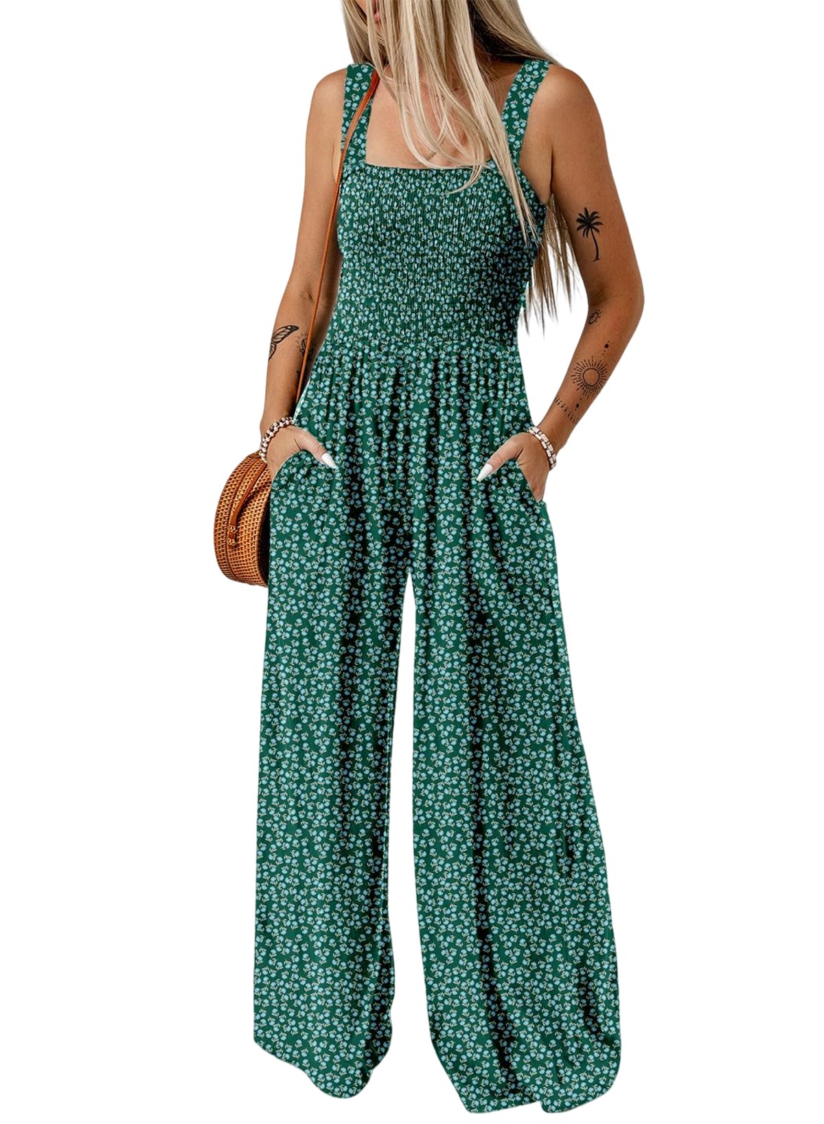 Happy Sailed Jumpsuits for Women Summer Casual Floral Print Sleeveless Jumpsuit High Waist Wide Leg Pants Romper with Pockets