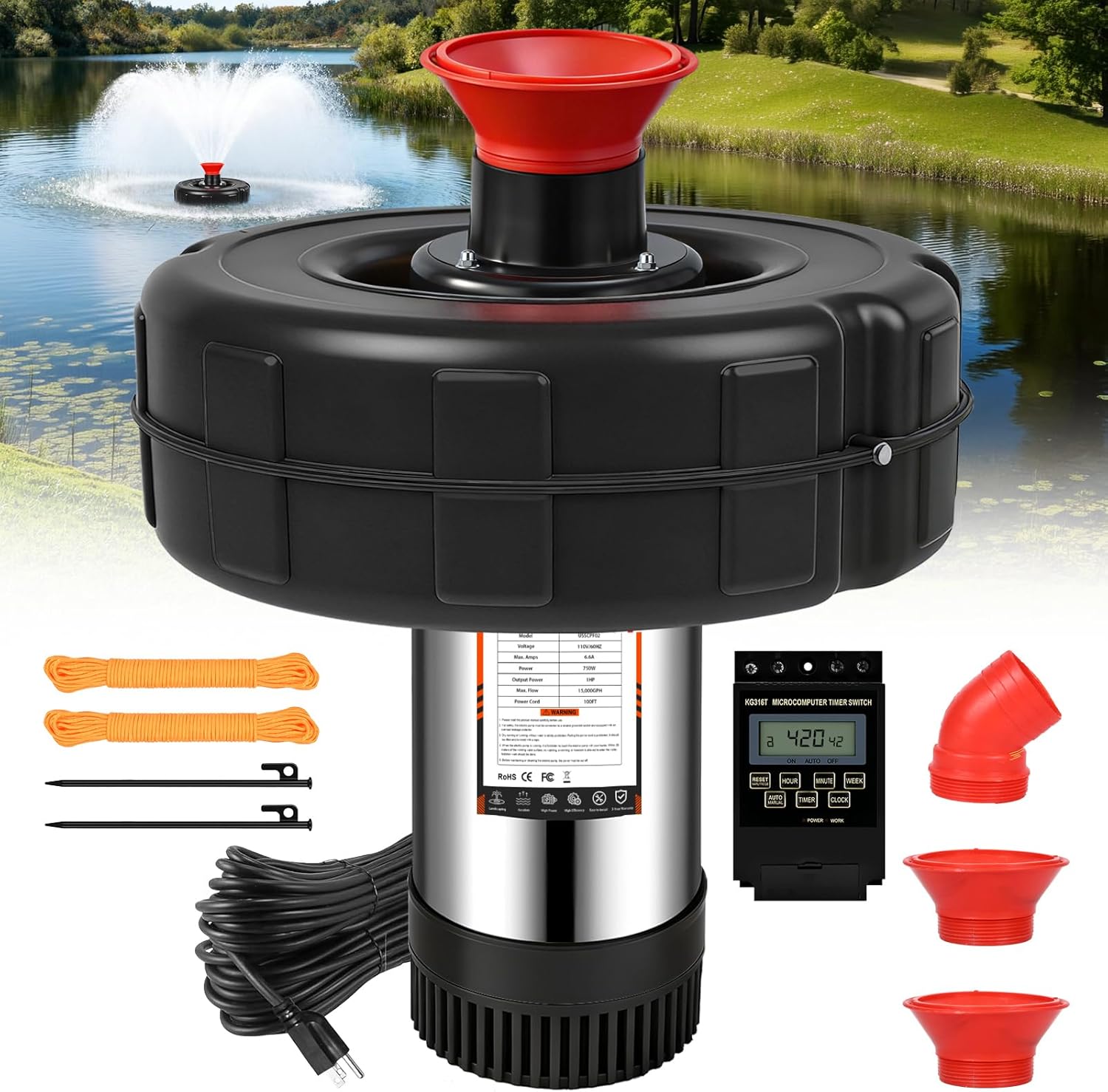 Pond Fountain Aerator, 1HP 110V 750W 15000 GPH Floating Fountain Pump with 100 FT Power Cord, 2 x 100 FT Rope, Timer, Fully Automatic Powerful Aerating Fountain for Larger Ponds, Lakes