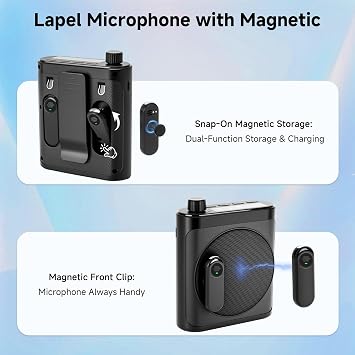 Wireless Voice Amplifier with 2 Wireless Microphones (Magnetic Lavalier), Portable Voice Amplifier for Teachers, Fitness, Classroom, Bluetooth Speaker Include Dual Microphone for Yoga