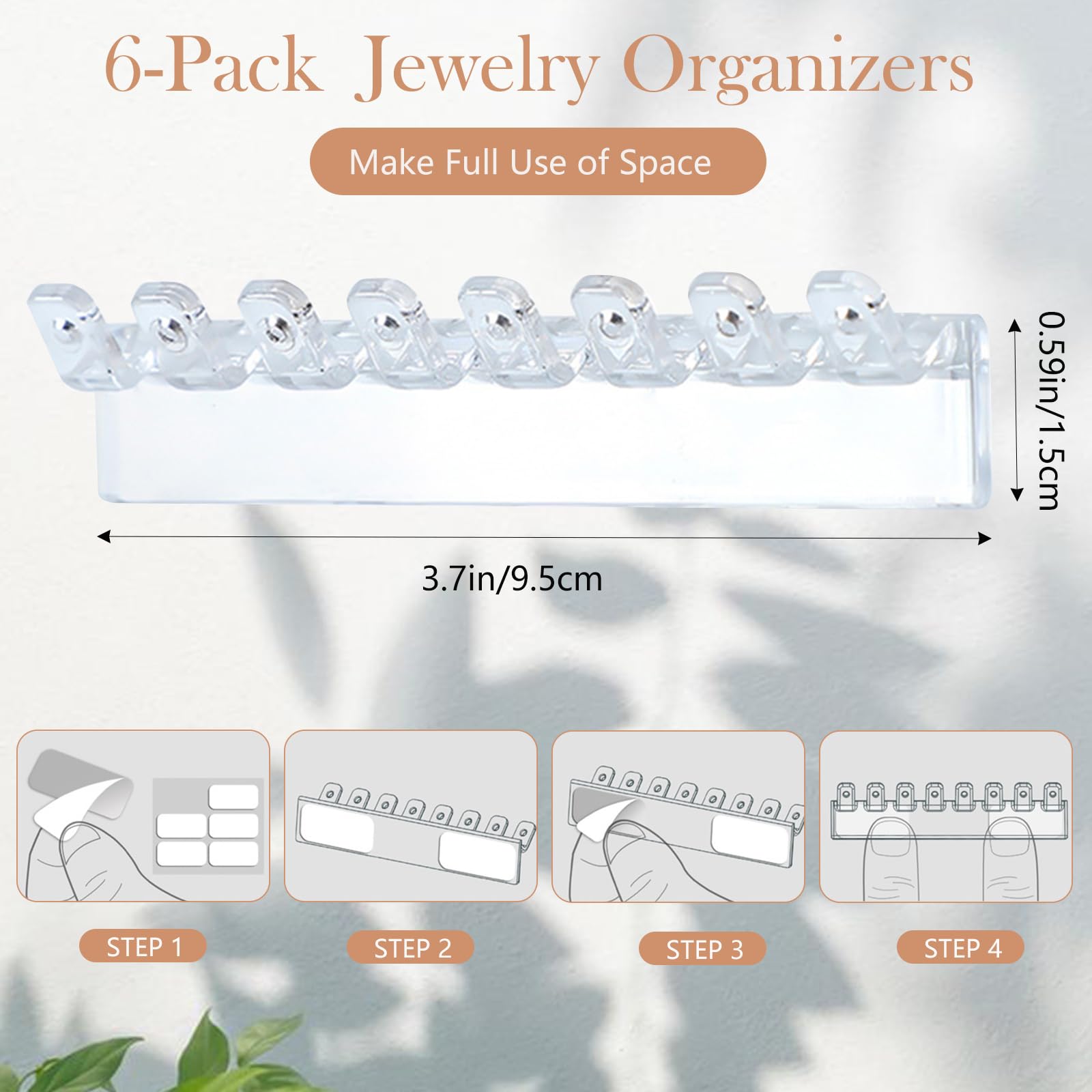 kumet 6 Pack Jewelry Organizer - Clear Wall-Mounted Holder, Easy to Install, 3.7
