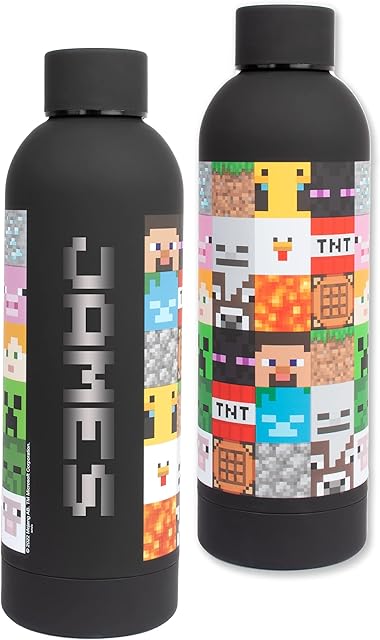 Minecraft - Personalised Water Bottles For Kids - Stainless Steel Water Bottle - Leakproof Water Bottle - BPA Free Water Bottle - 700ML - Black