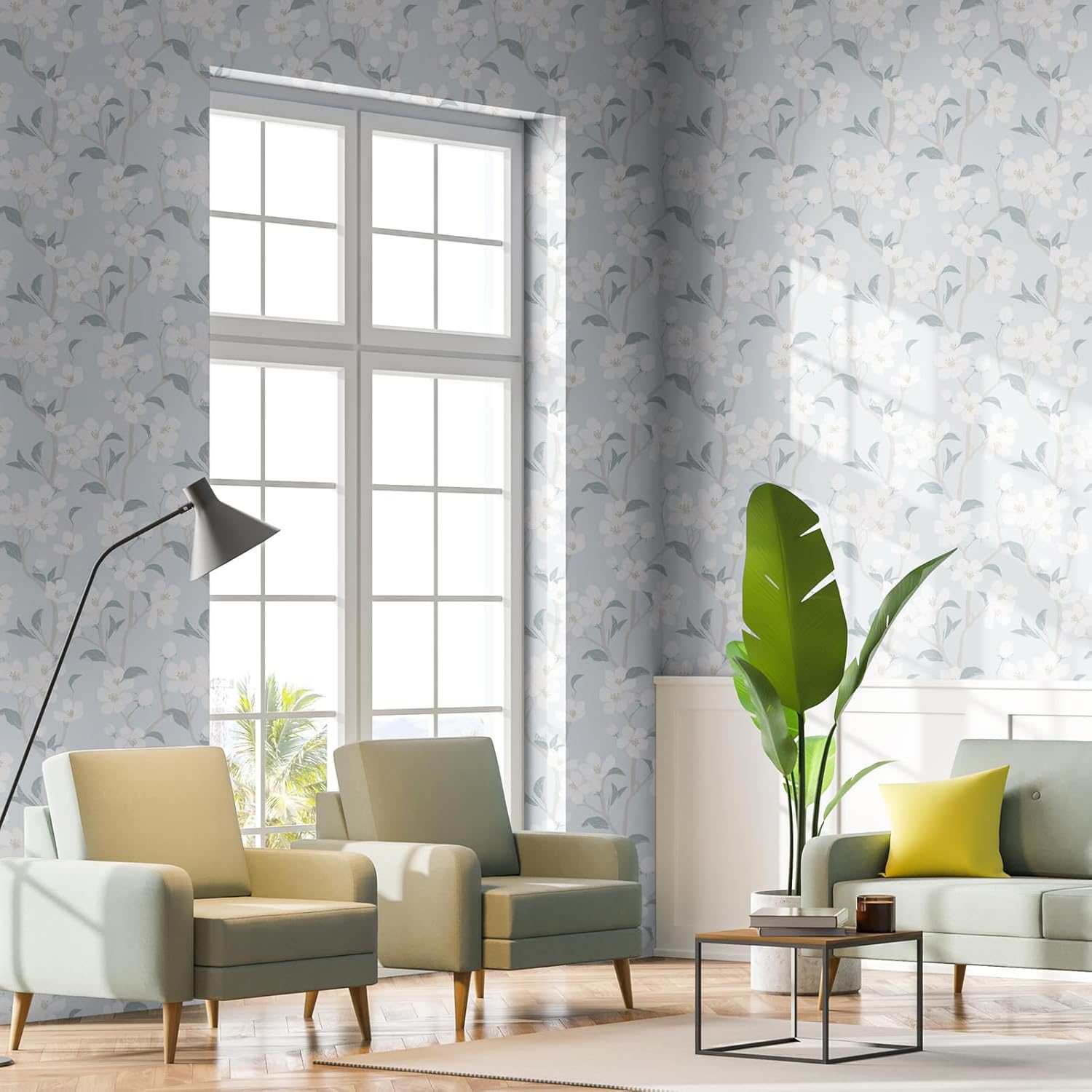VaryStyle 17.7"x393" Cherry Blossom Wallpaper Light Blue and White Sakura Tree Floral Wallpaper Peel and Stick Decorative Flower Wall Murals Waterproof Vinyl Blue Contact Paper for Bathroom Shelves