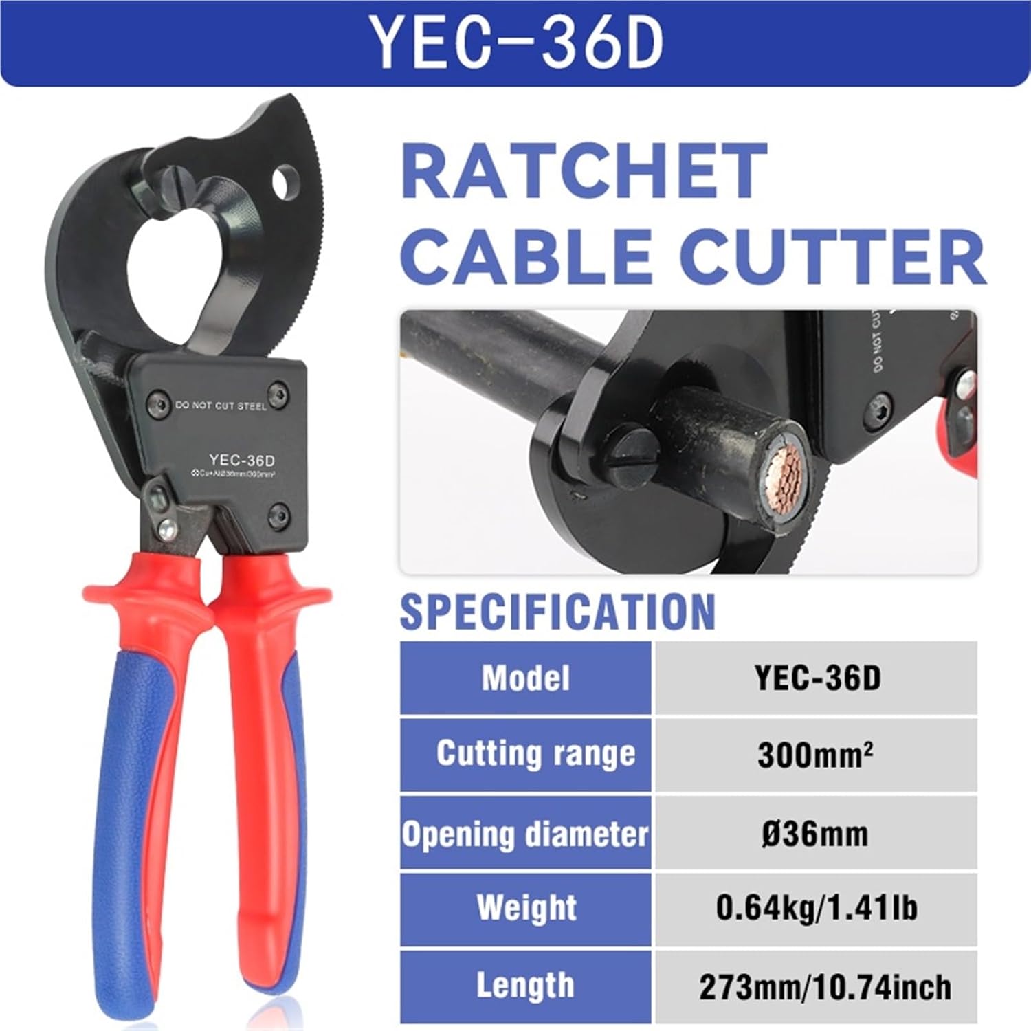 Insulated Ratcheting Cable Cutters Wire Pliers Heavy Duty for Multi-Strand Aluminum & Copper Cables up to 240mm²(YEC-36D)